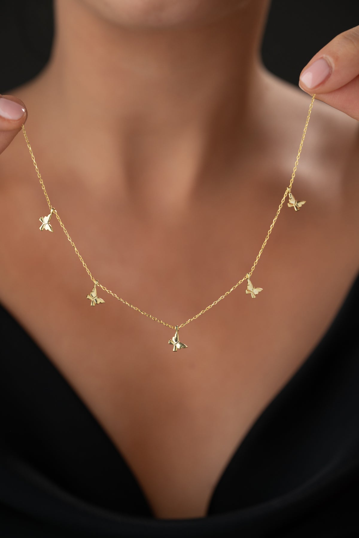Butterfly Charm Station Necklace in Gold