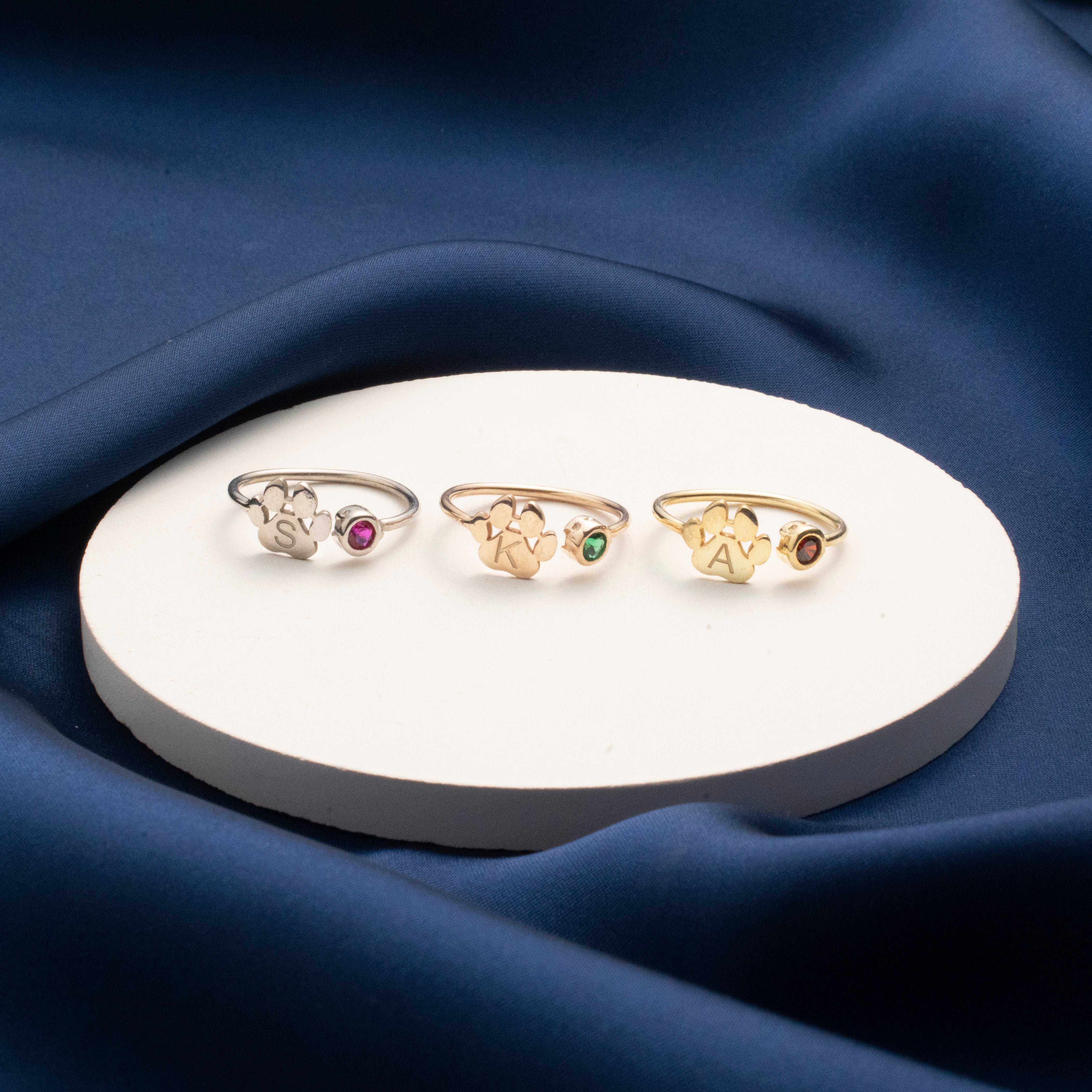 Custom Paw Print Initial Birthstone Ring