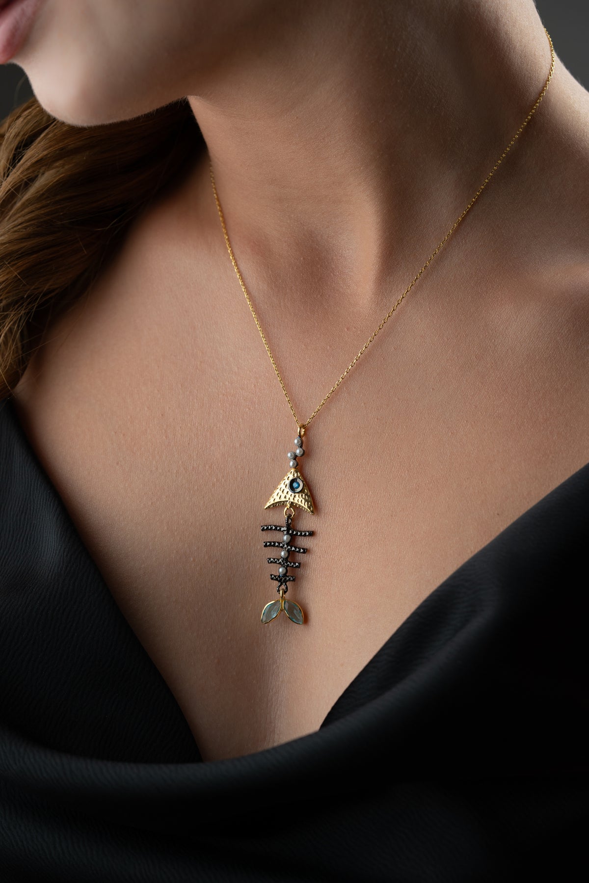 Fish Skeleton Pendant Necklace in Gold