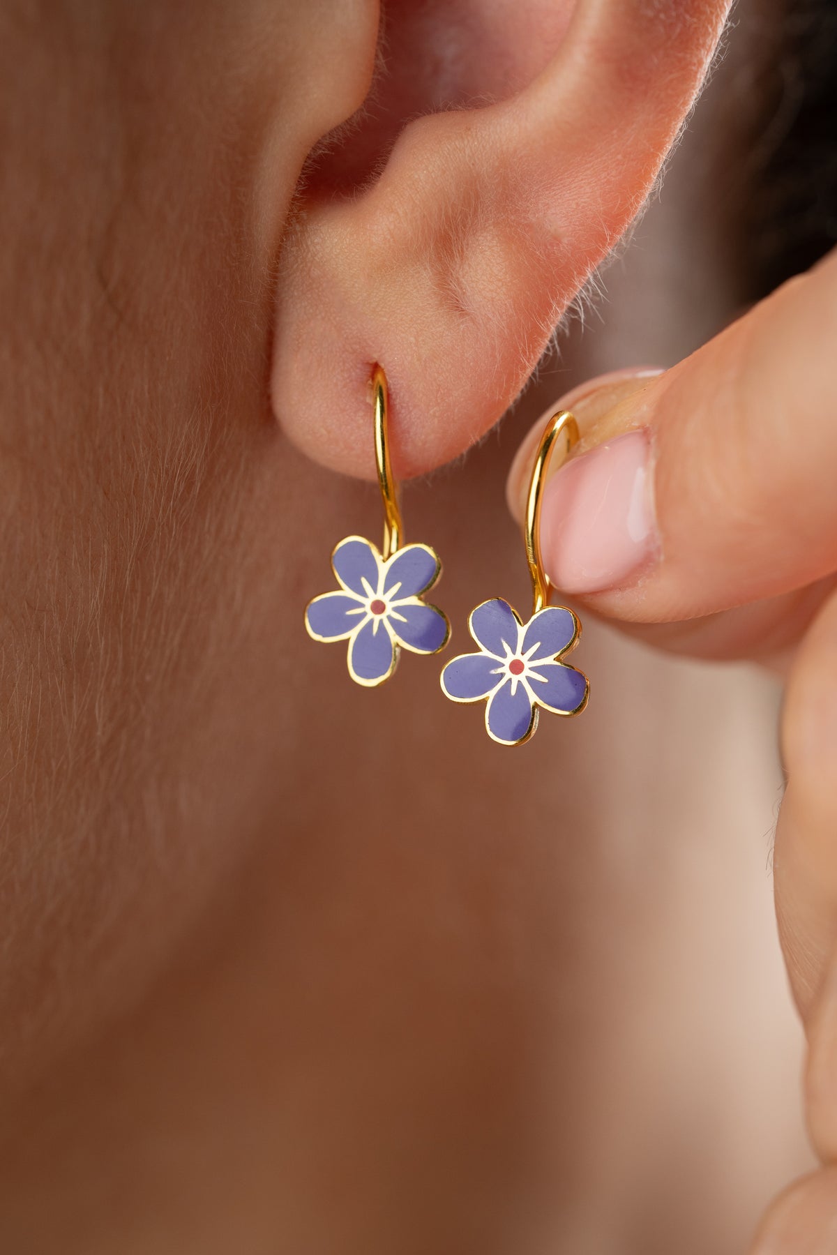 Purple Enamel Flower Drop Earrings