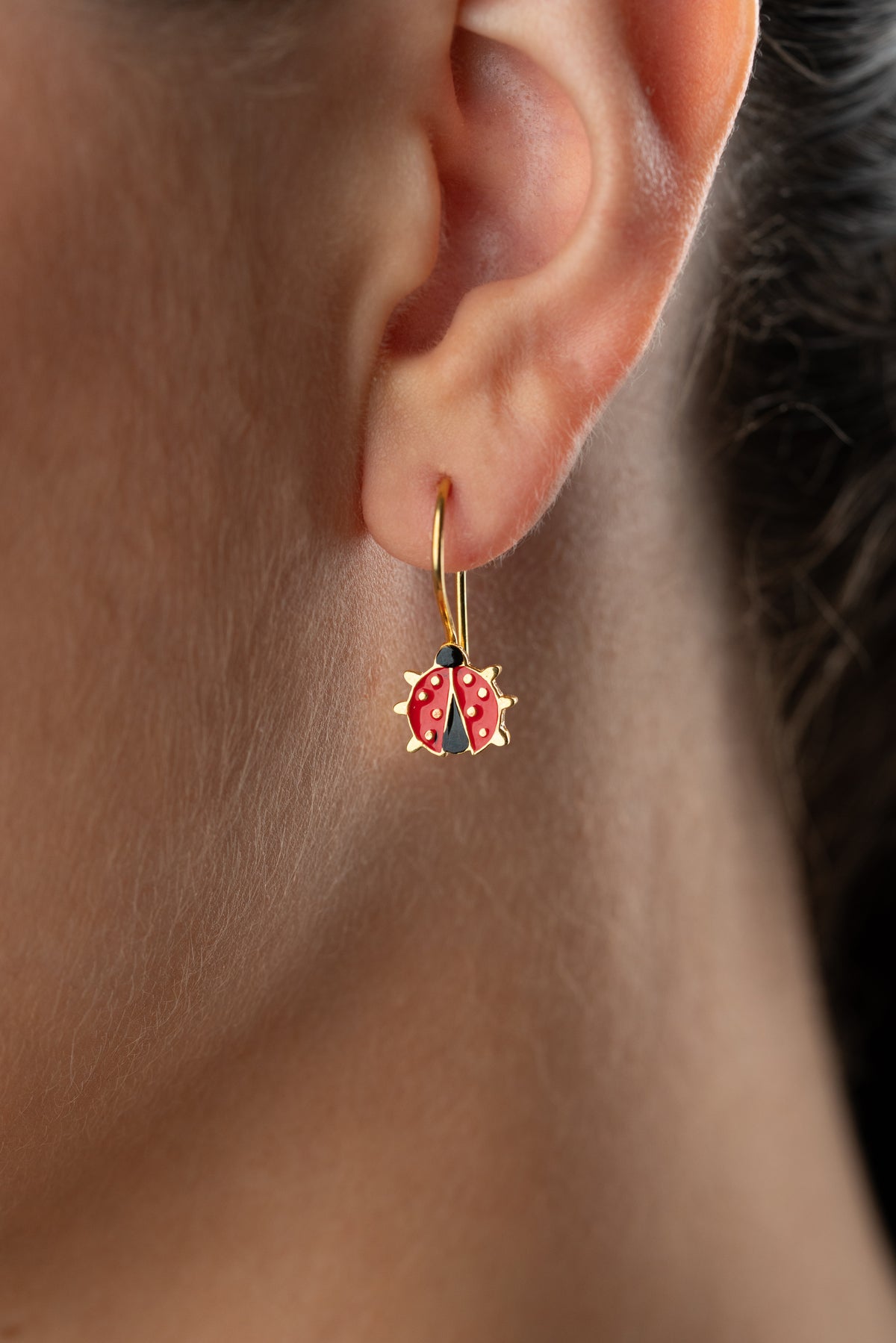 Ladybug Charm Drop Earrings in Gold