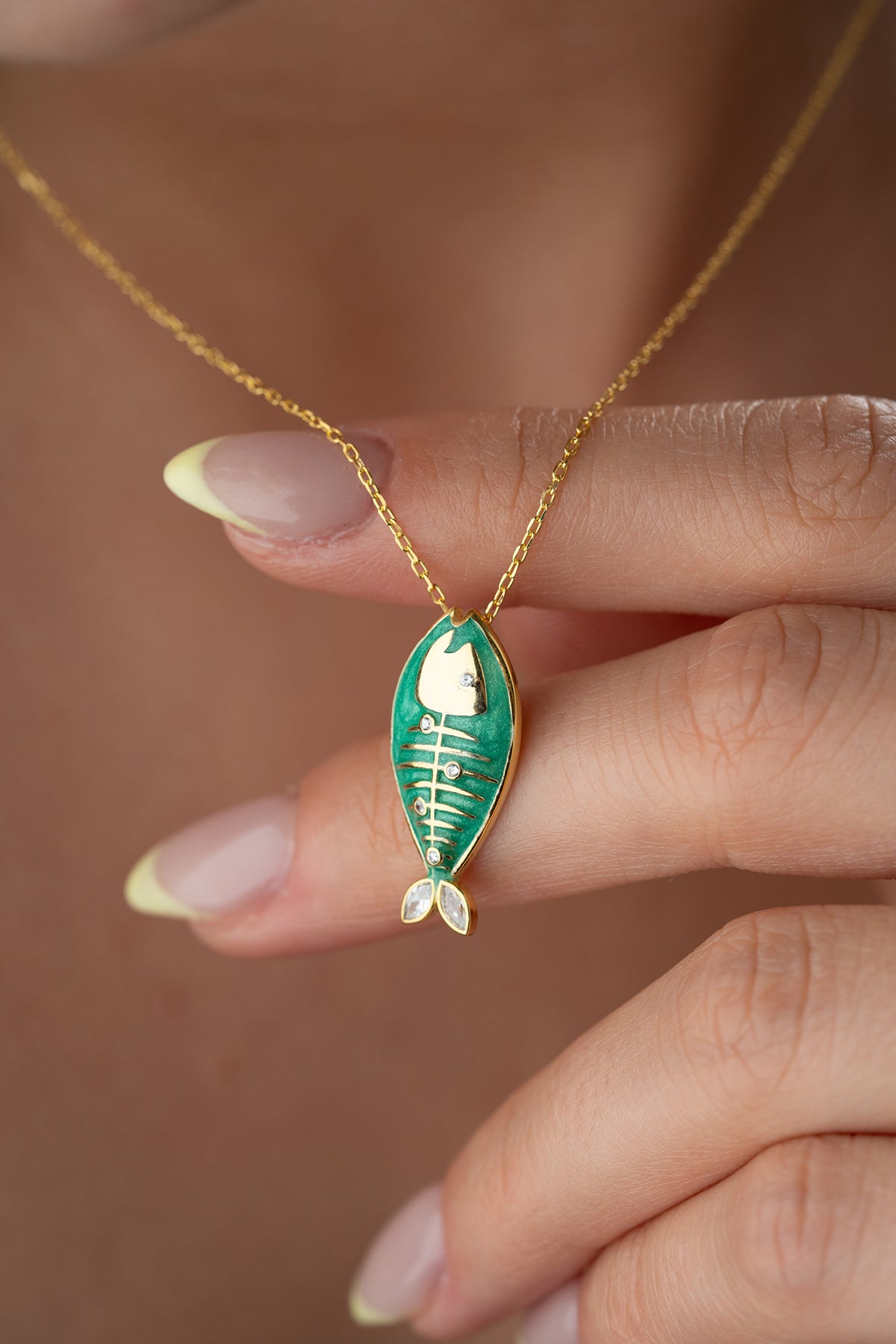 Green Enamel Fish Pendant Necklace