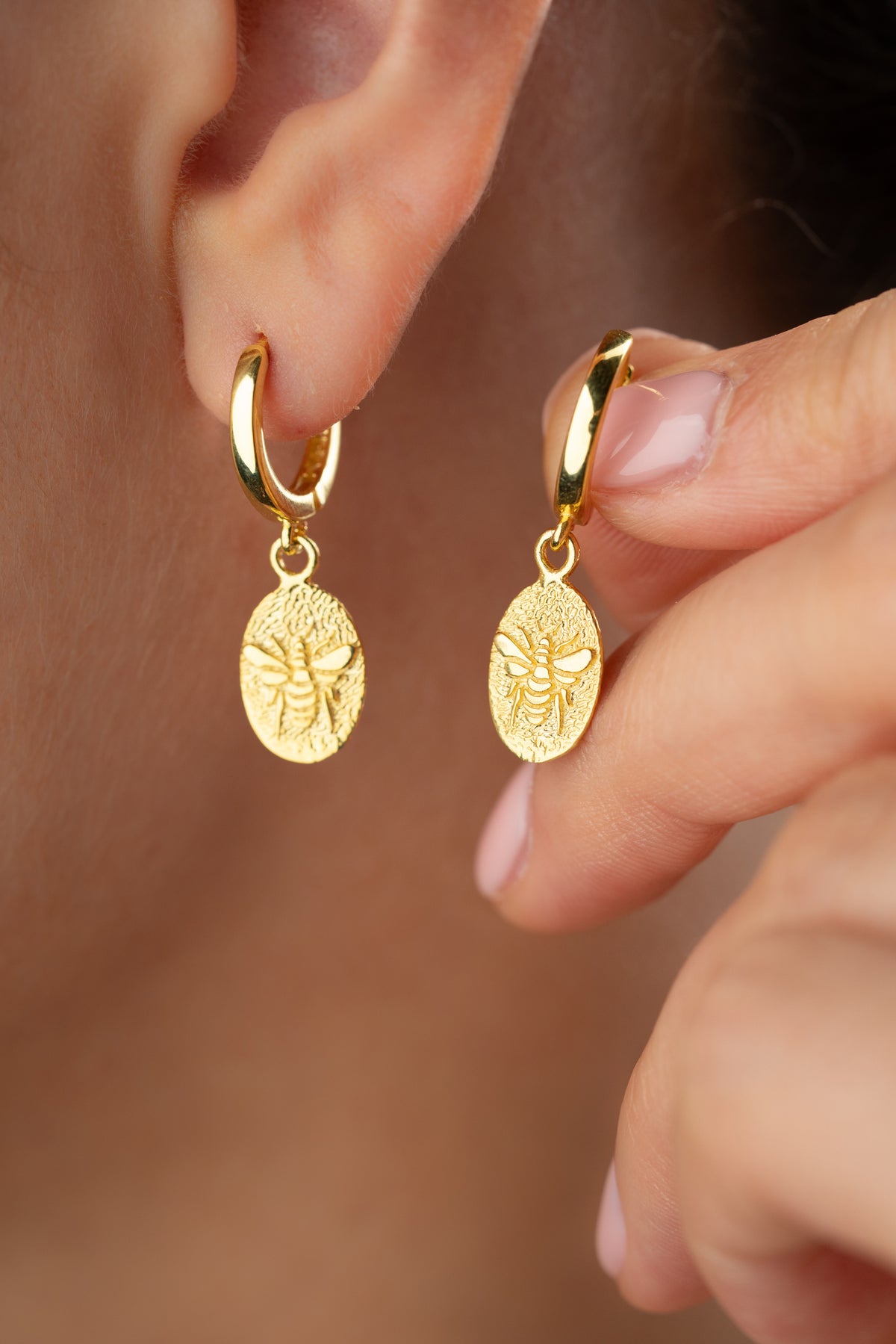 Gold Bee Coin Drop Earrings