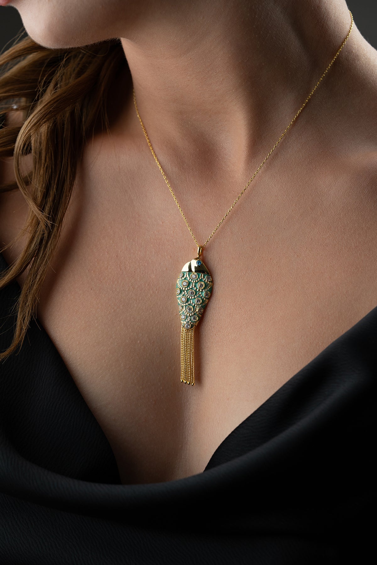 Turquoise Enamel Fish Pendant Necklace