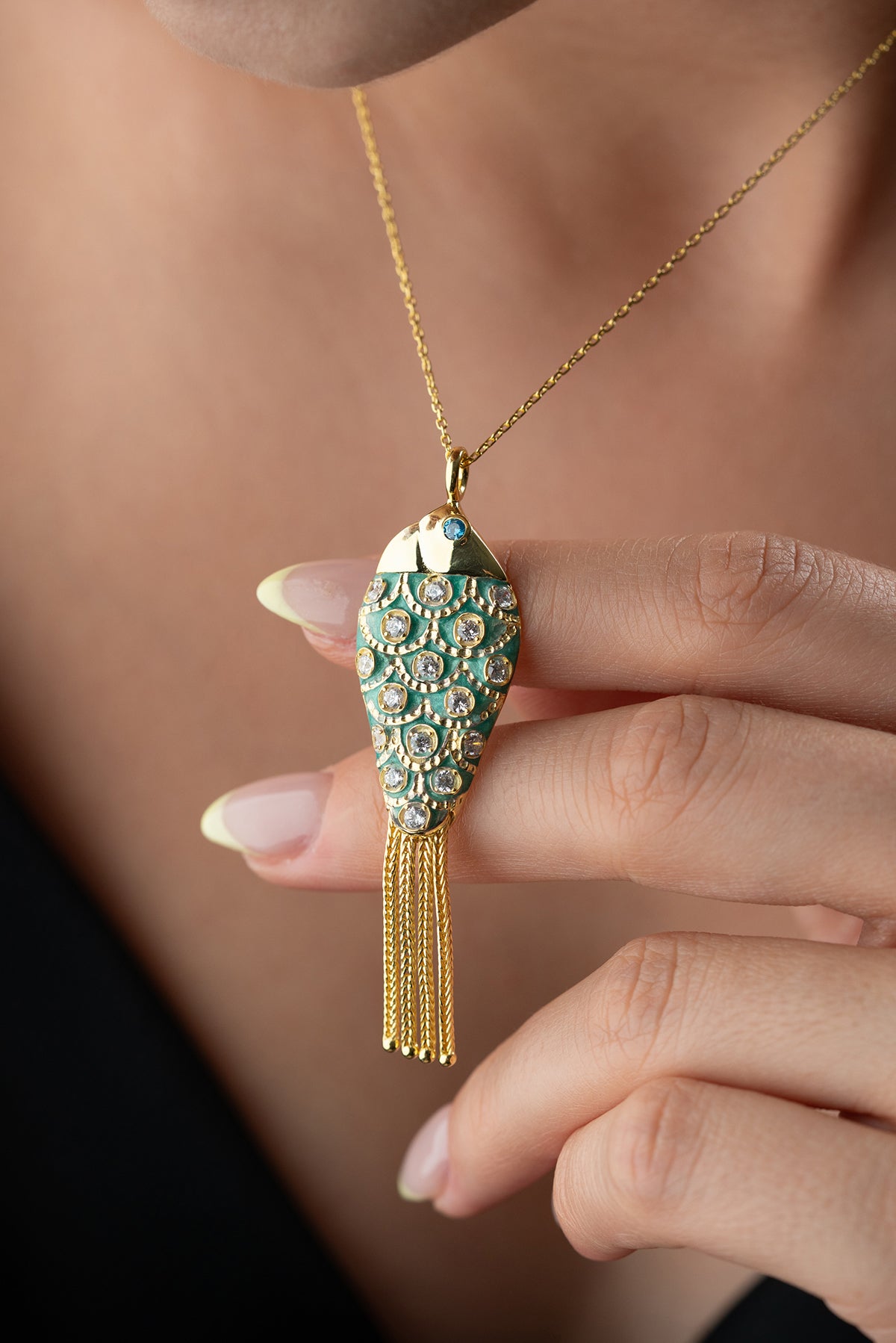 Turquoise Enamel Fish Pendant Necklace