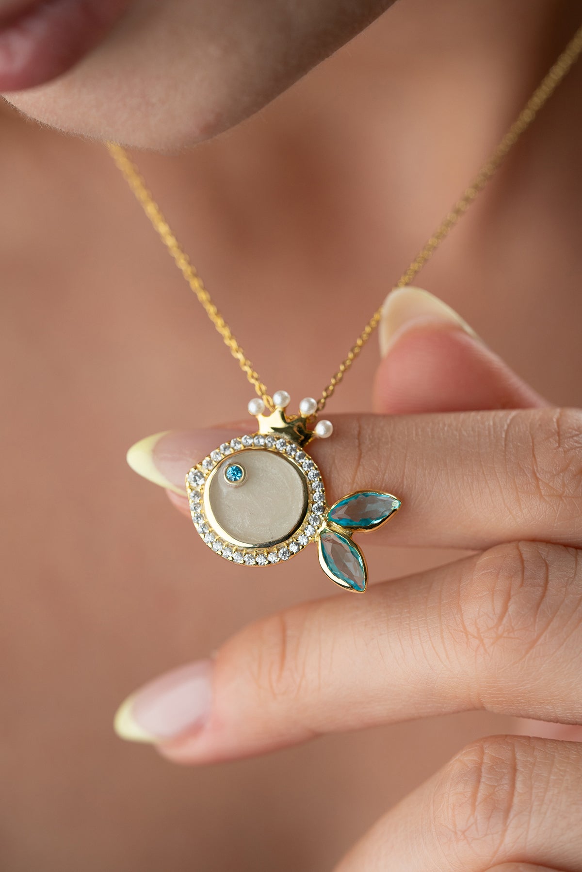 Crowned Pearl Fish Pendant Necklace