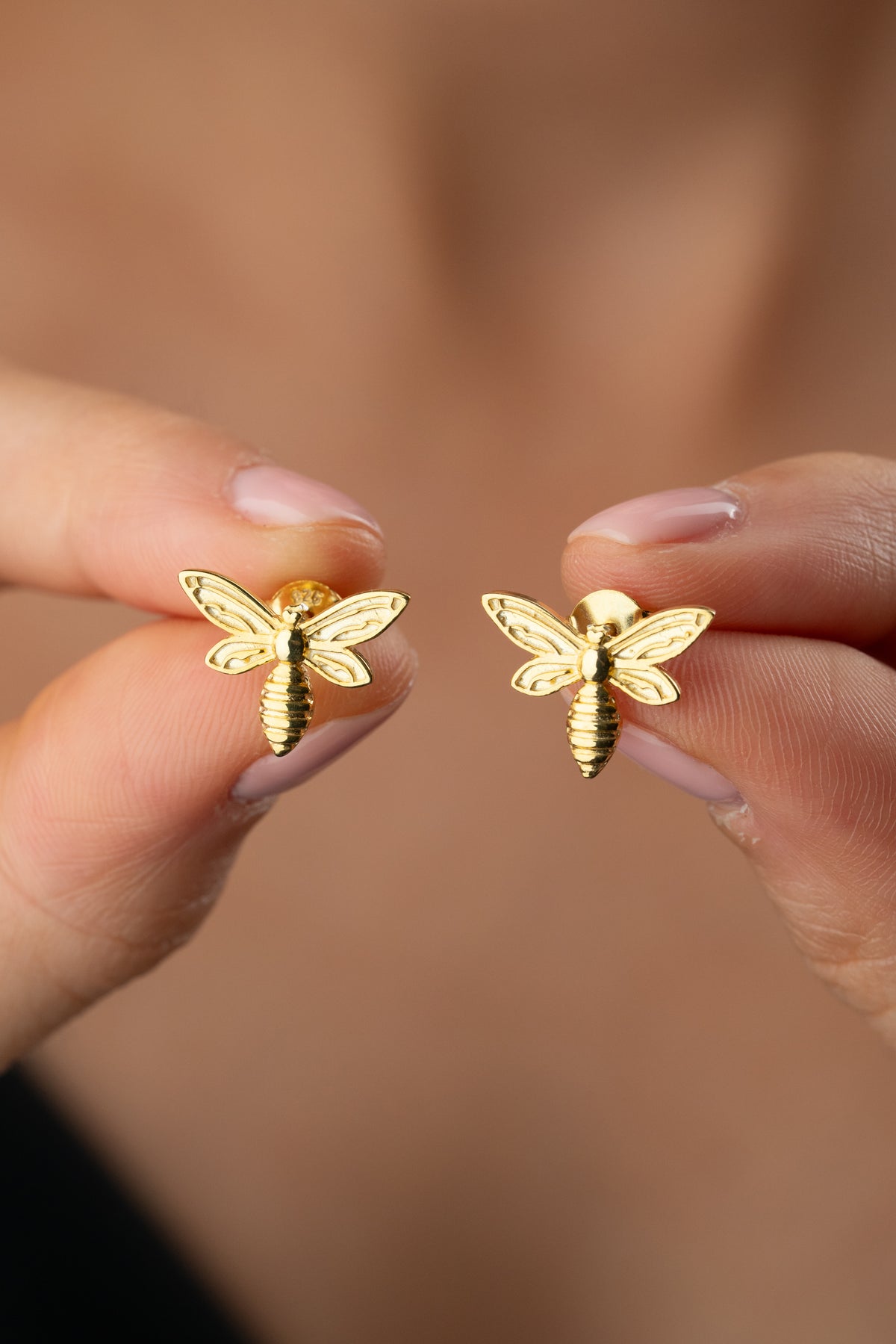 Textured Bee Stud Earrings in Gold