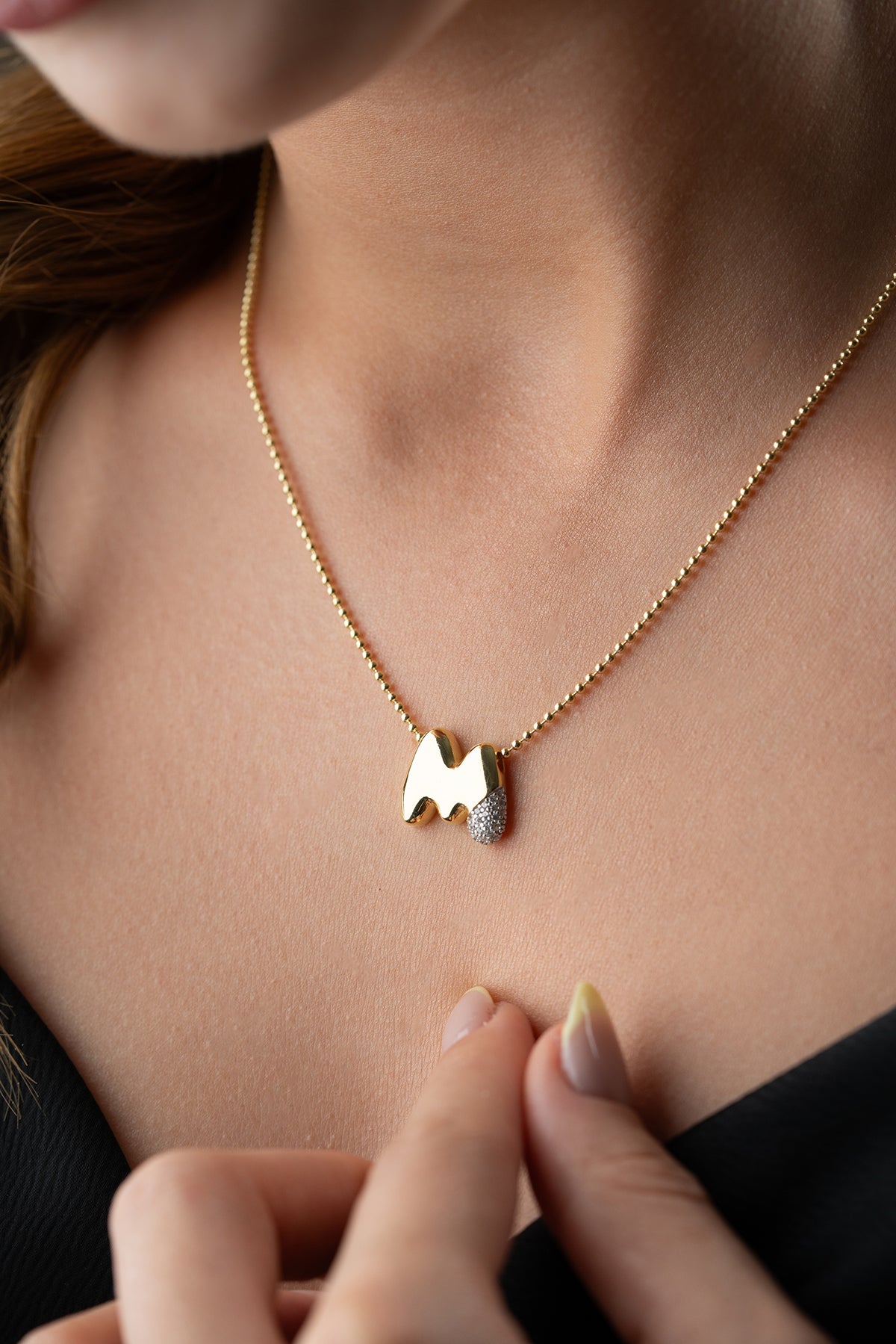 Pave Lowercase Initial Necklace in Gold