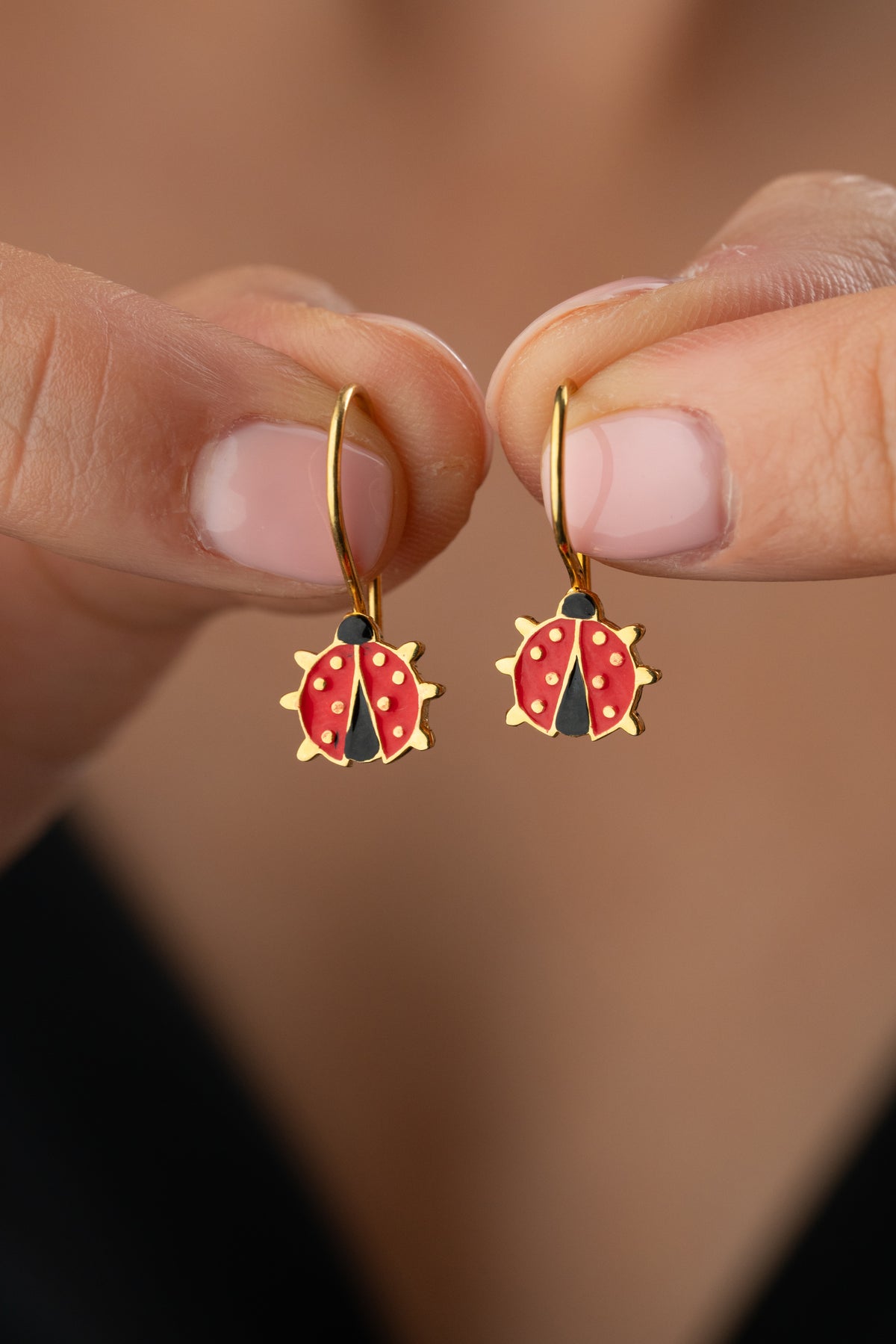 Ladybug Charm Drop Earrings in Gold