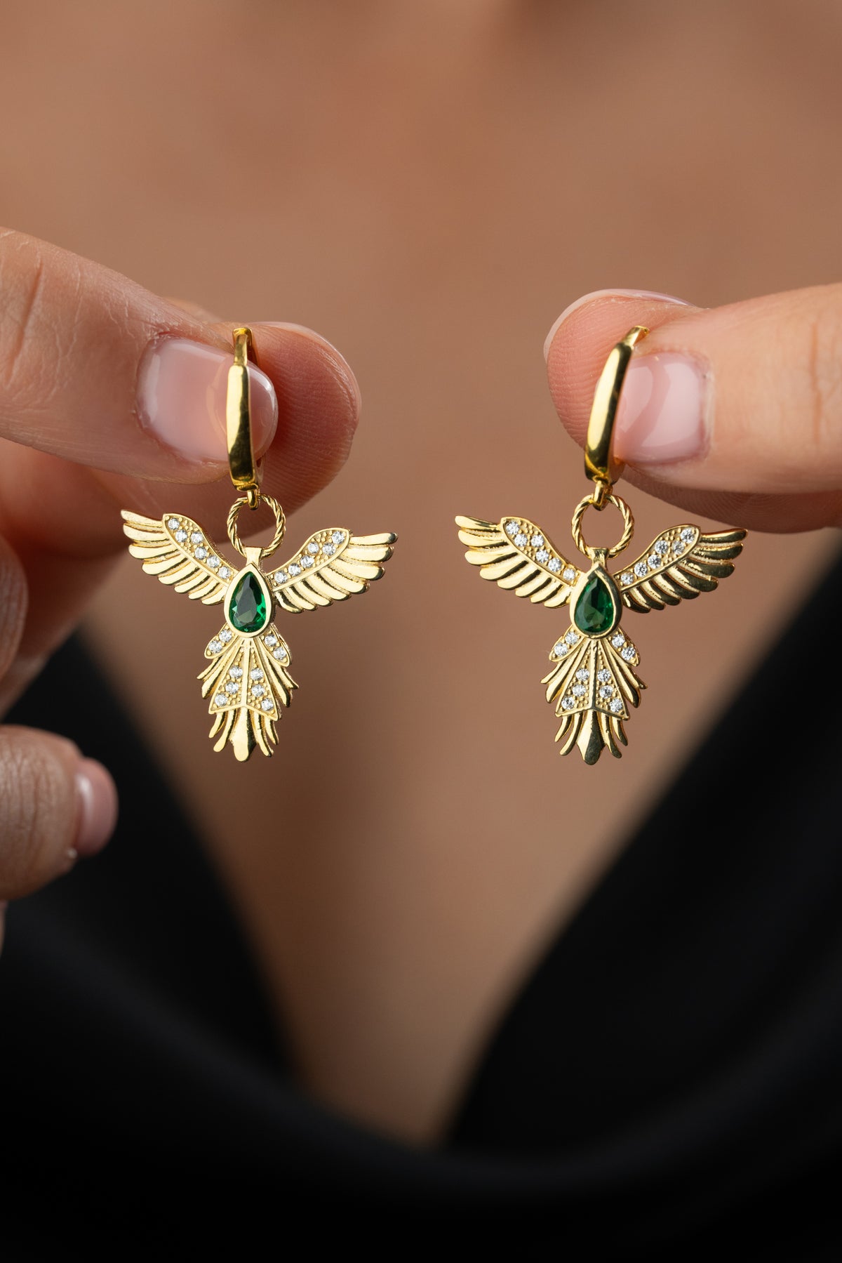 Emerald Phoenix Wings Drop Earrings