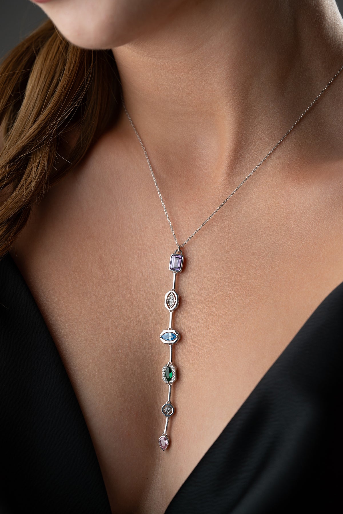 Multi Gemstone Drop Lariat Necklace