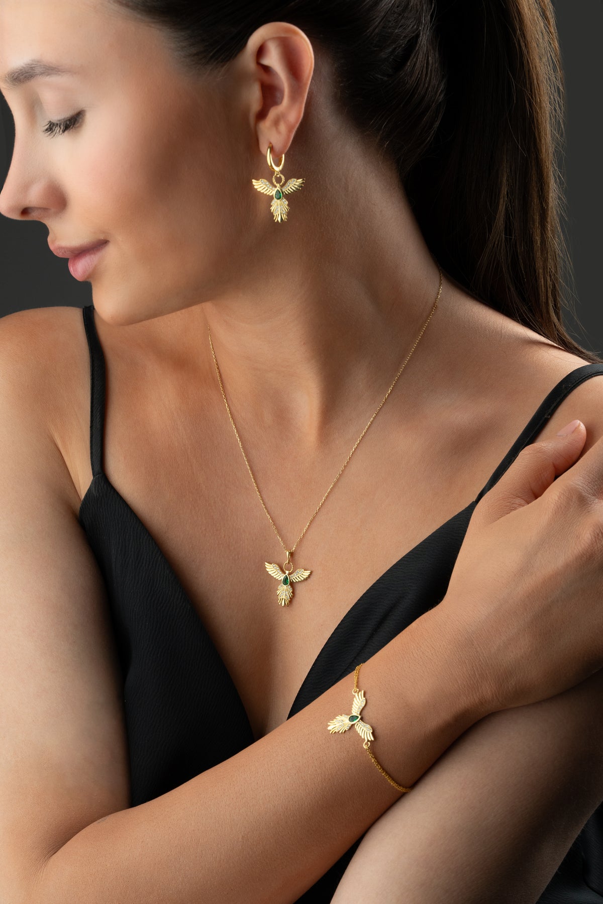 Emerald Phoenix Bird Jewelry Set