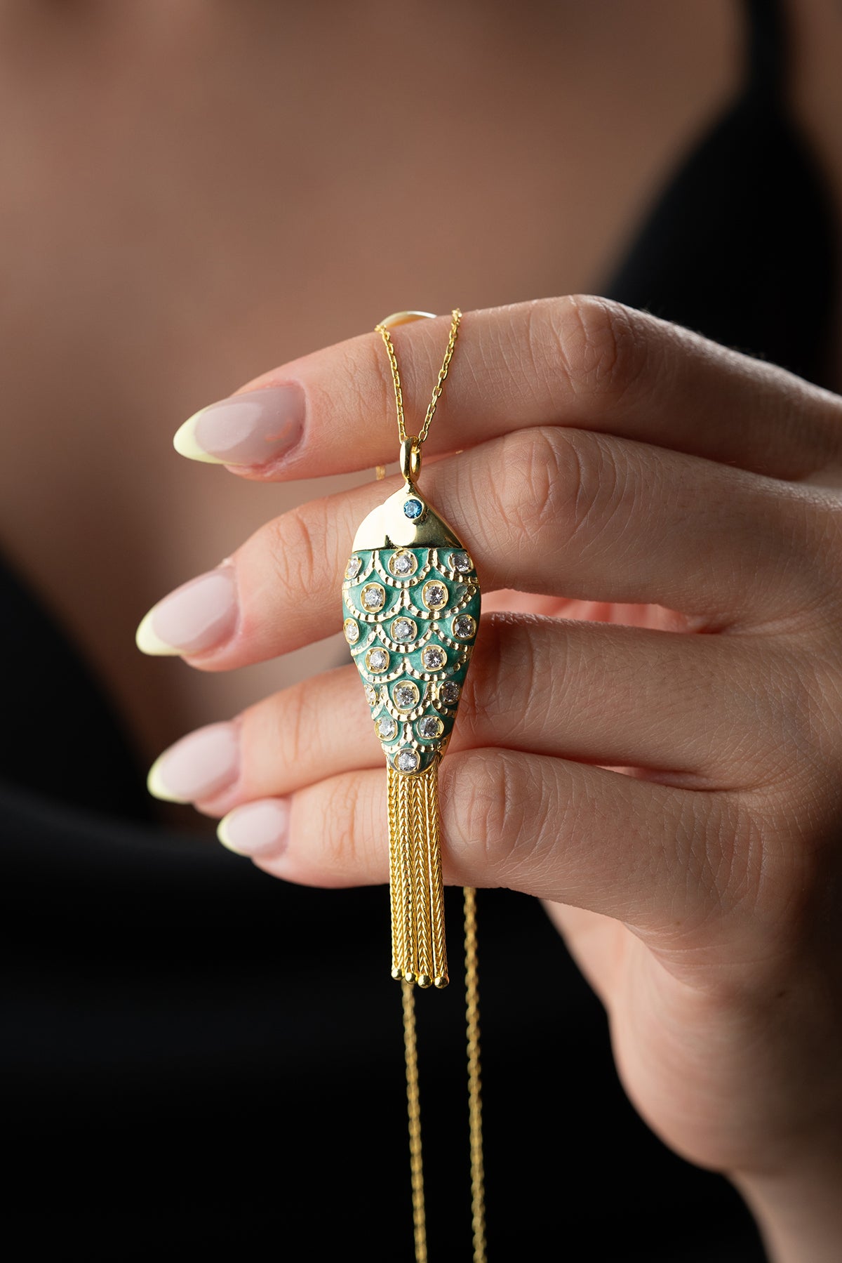 Turquoise Enamel Fish Pendant Necklace