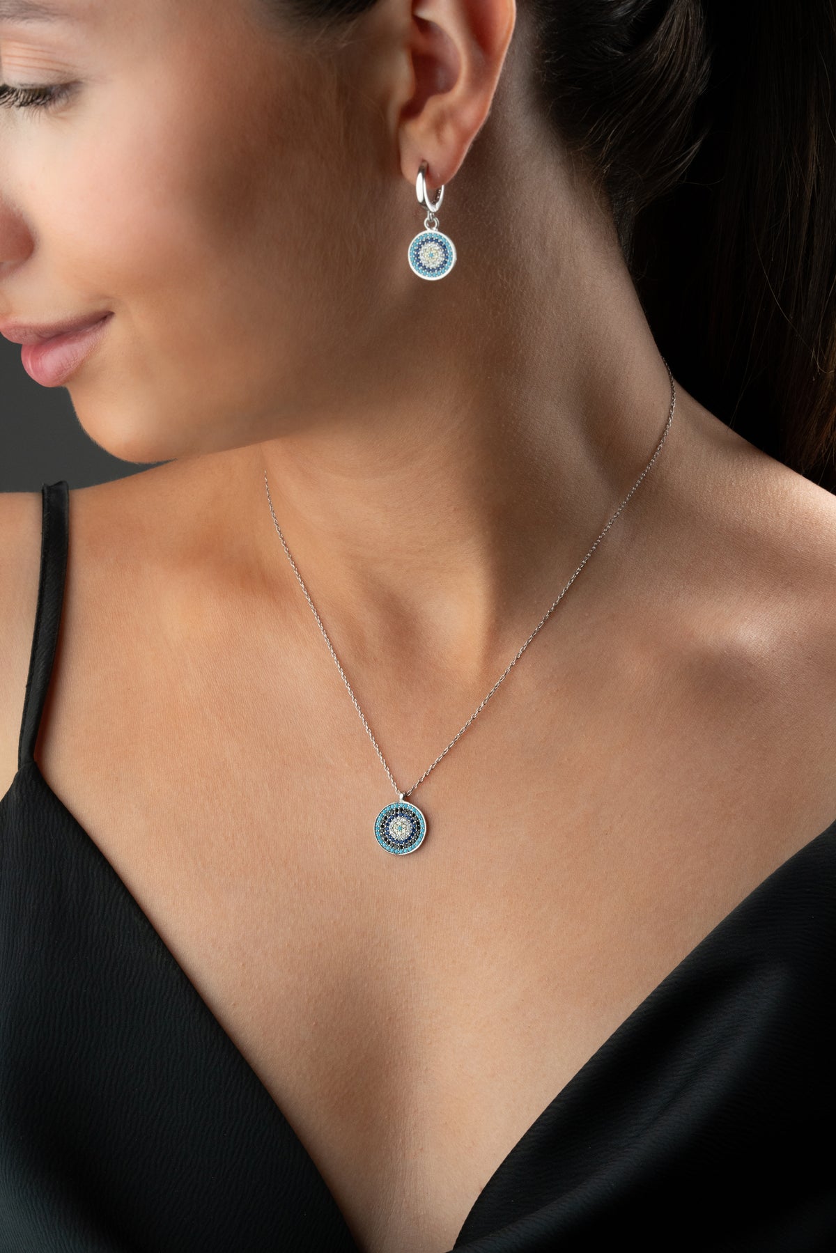 Pave Evil Eye Disc Necklace and Earring Set