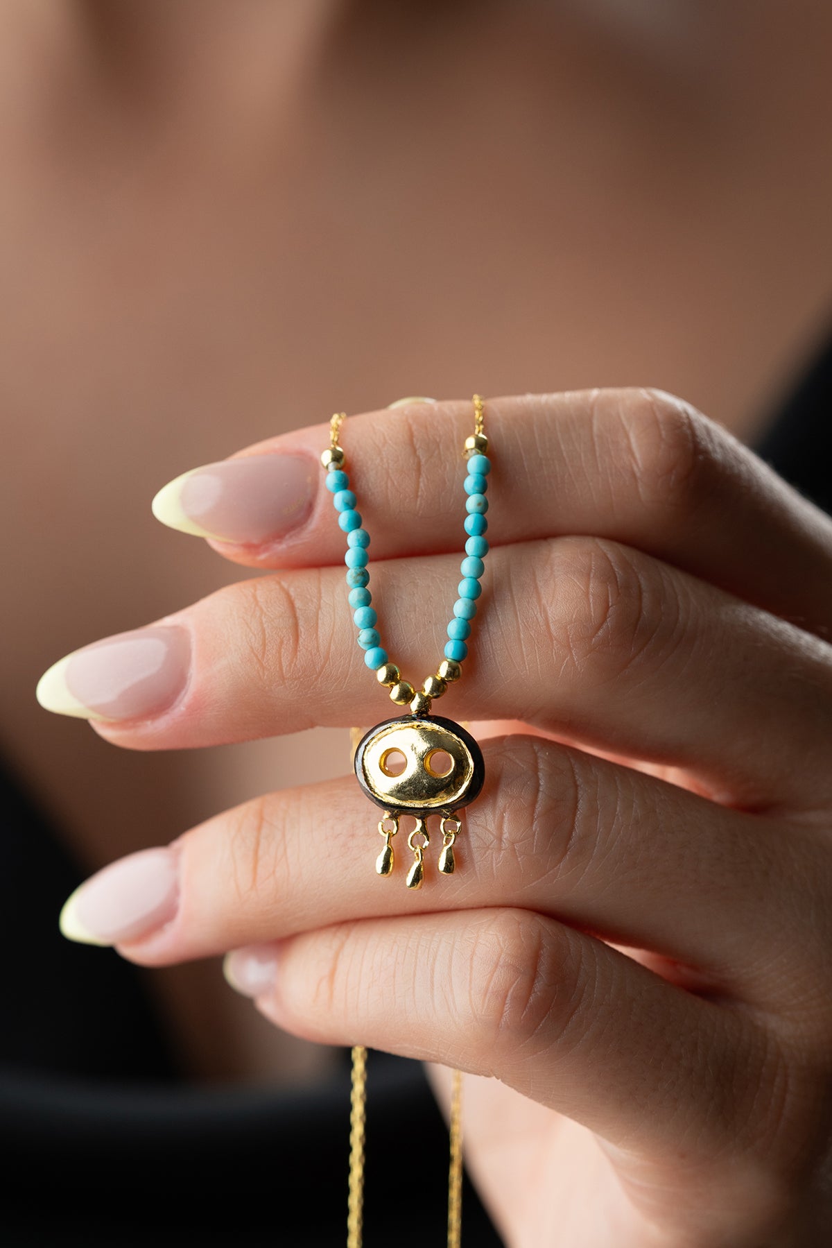 Turquoise Beaded Necklace with Gold Fringe Charm