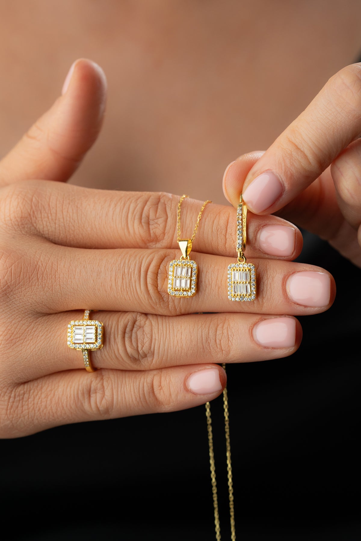 Baguette Cluster Halo Jewelry Set