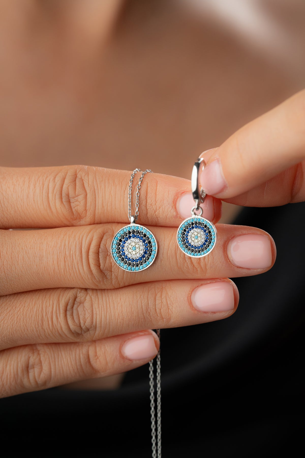 Pave Evil Eye Disc Necklace and Earring Set