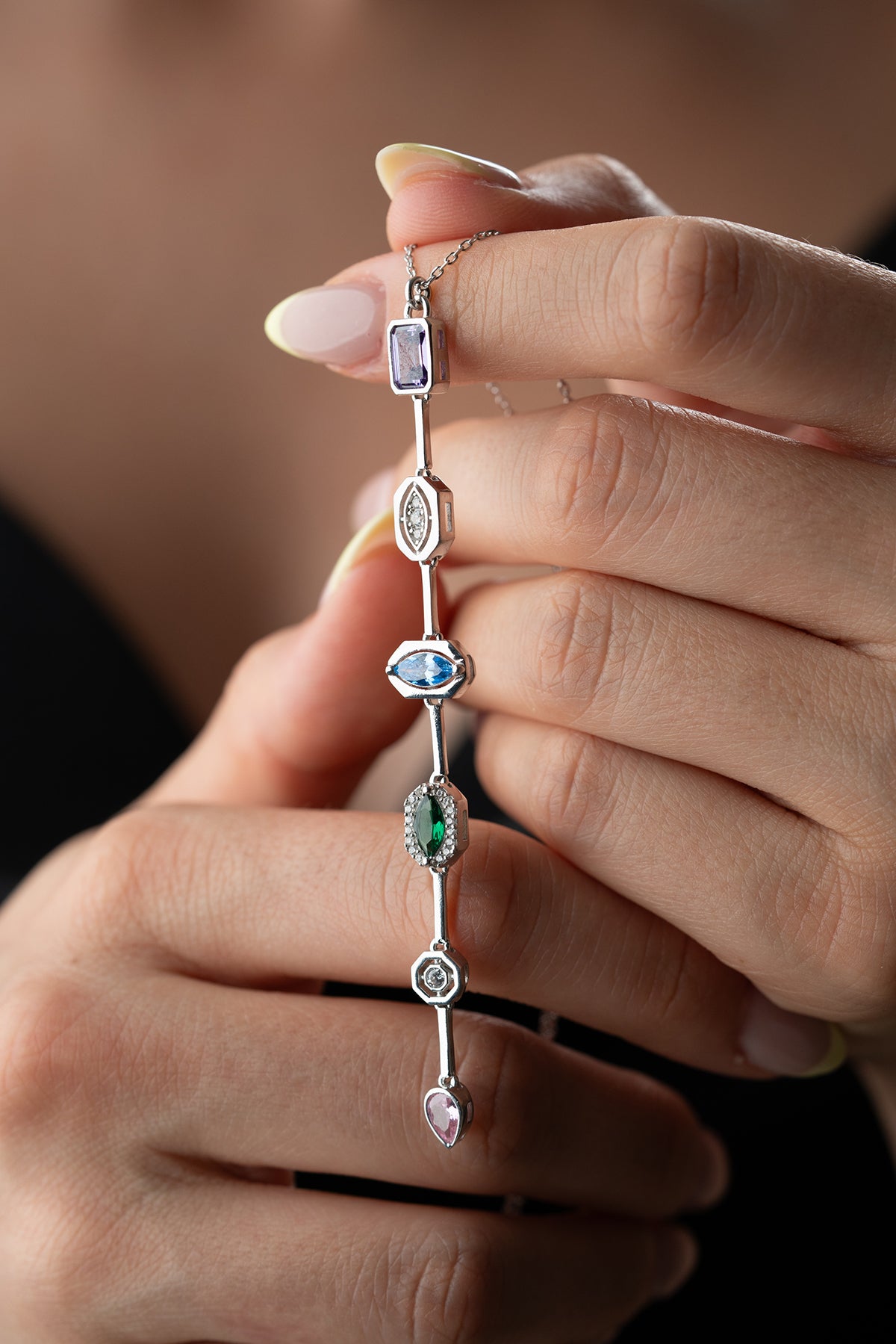 Multi Gemstone Drop Lariat Necklace