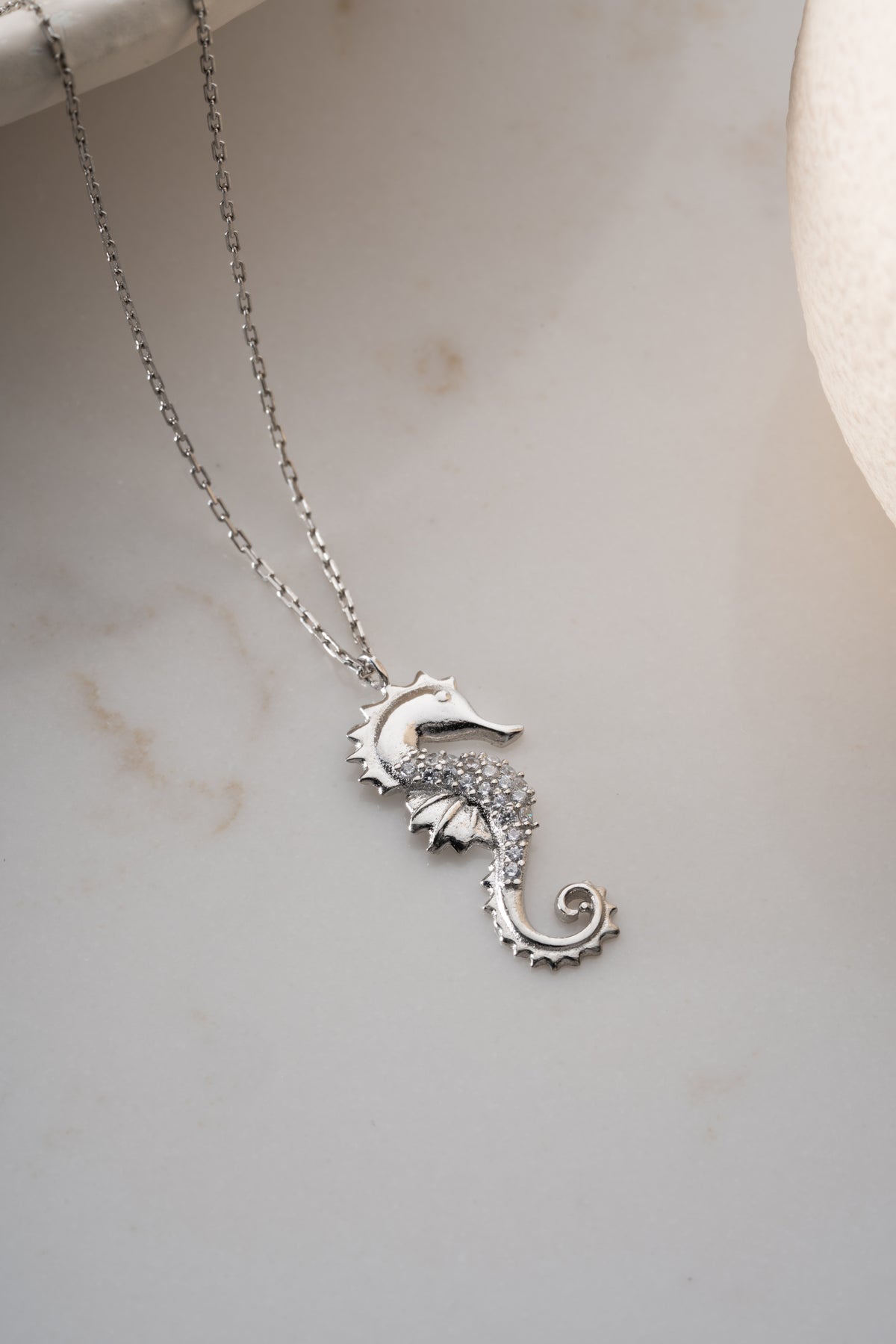 Pave Seahorse Pendant Necklace in Silver