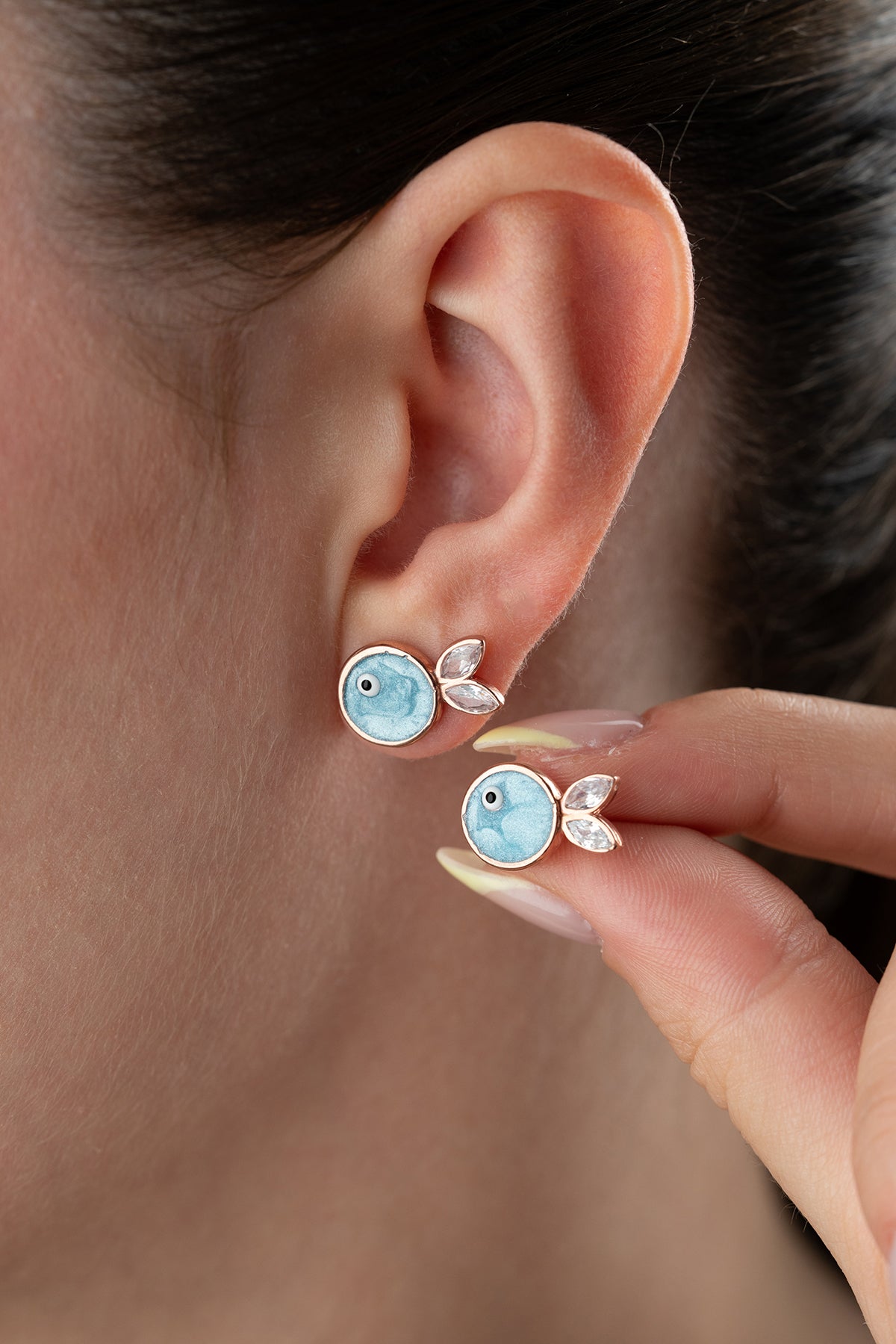 Blue Enamel Fish Stud Earrings in Rose Gold