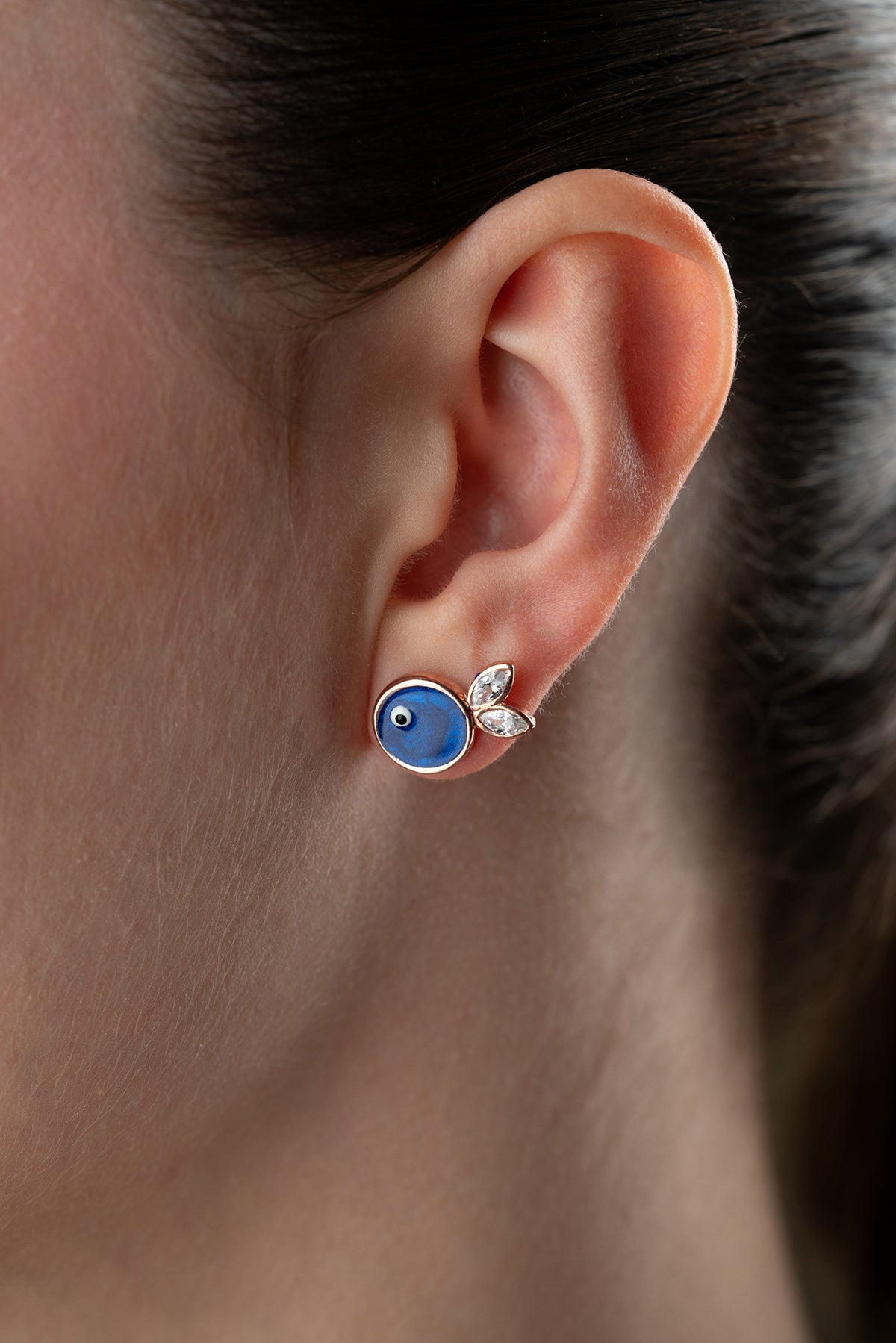 Evil Eye Fish Stud Earrings in Rose Gold