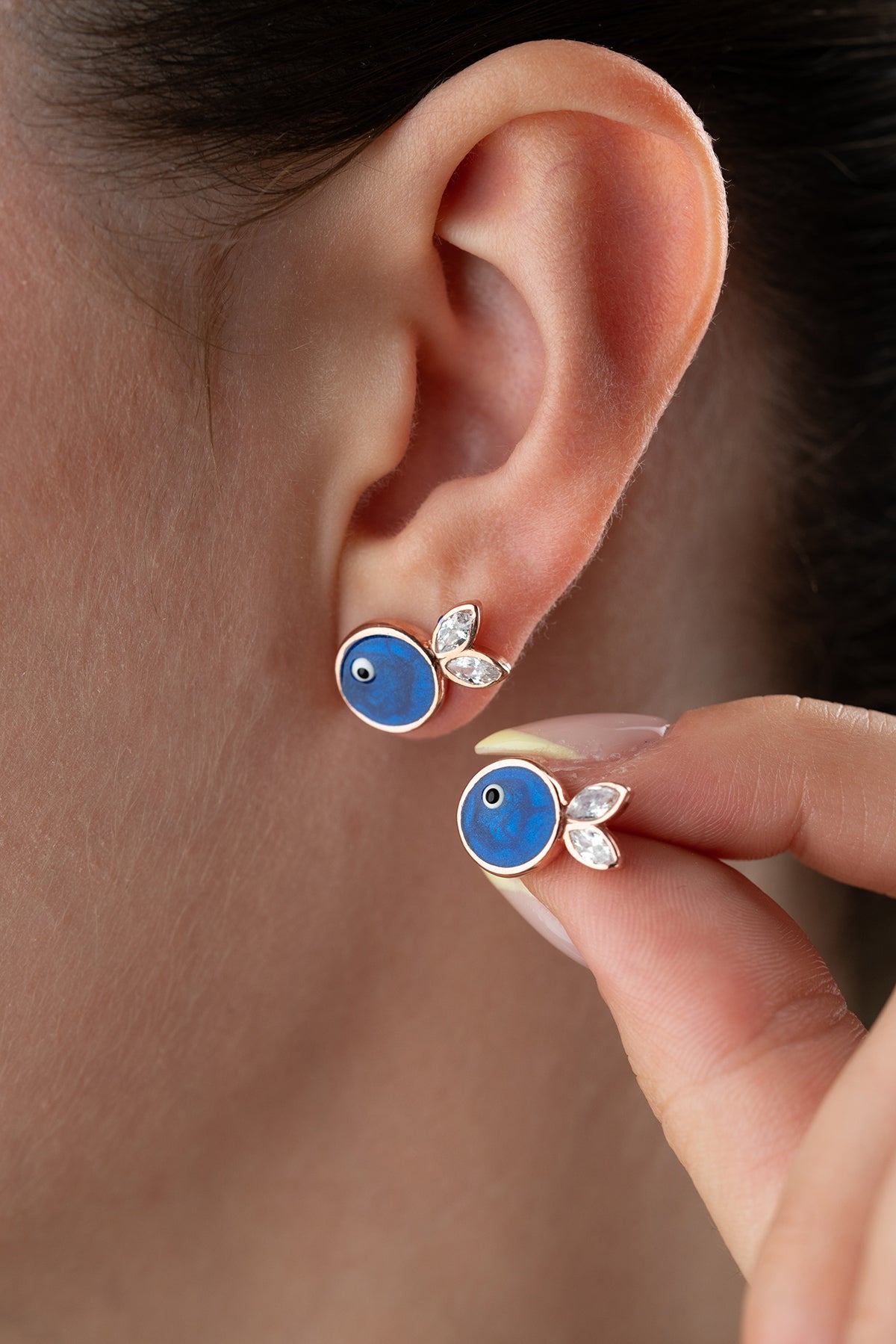 Evil Eye Fish Stud Earrings in Rose Gold