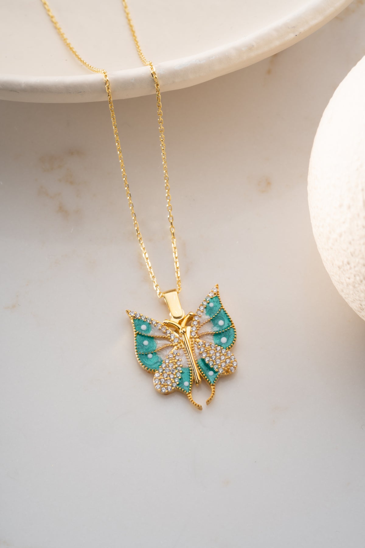 Green Enamel Butterfly Pendant Necklace