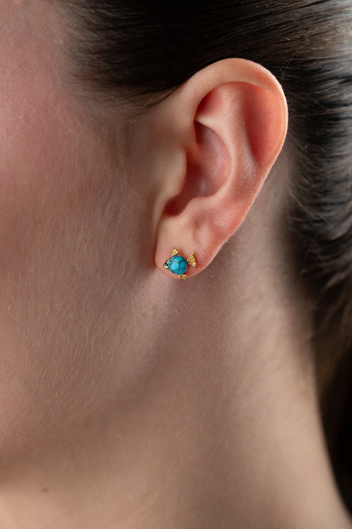 Turquoise Fish Stud Earrings in Gold