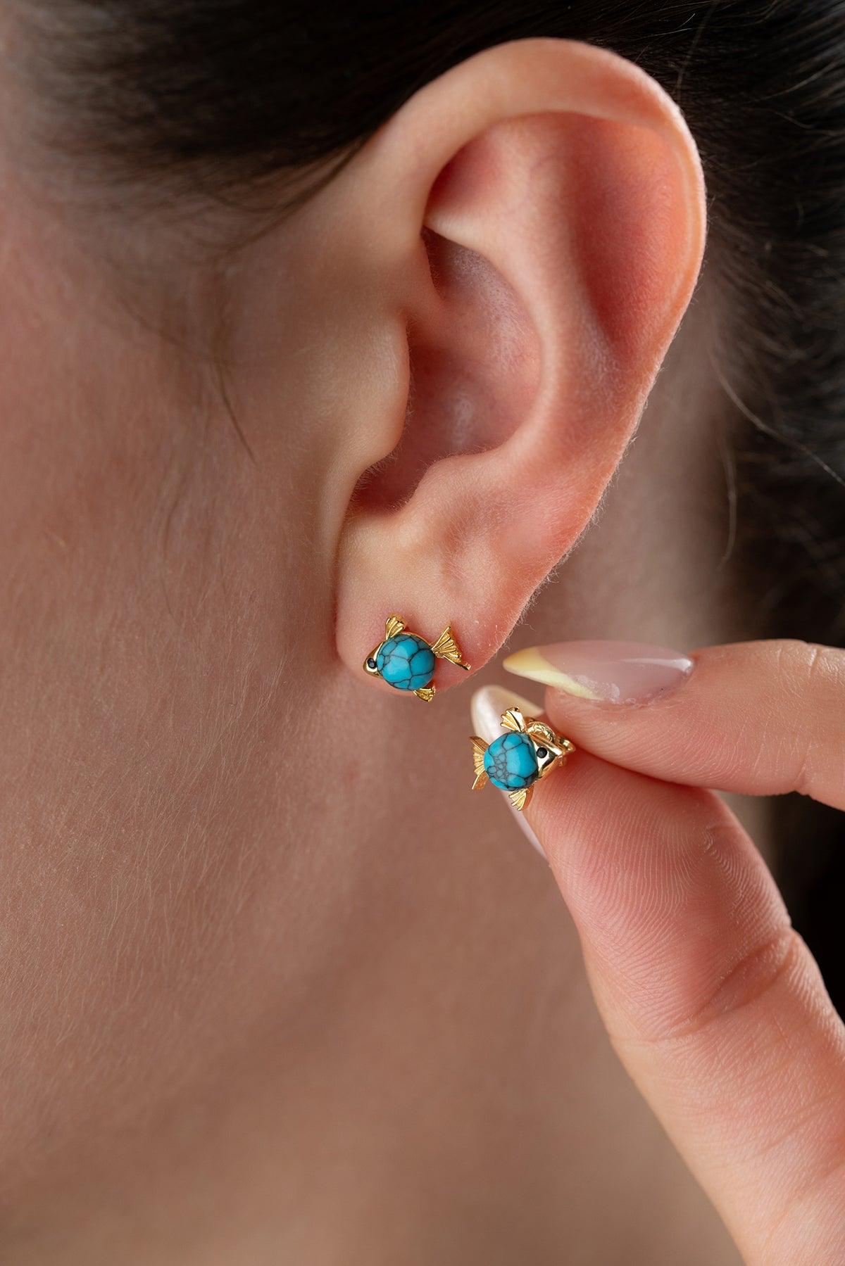 Turquoise Fish Stud Earrings in Gold