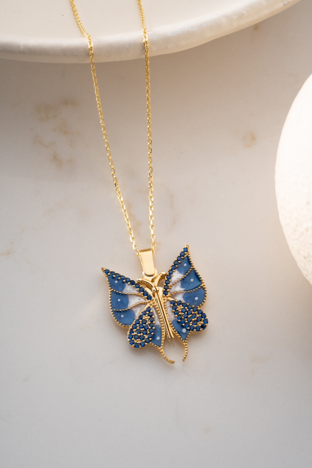 Blue Enamel Butterfly Pendant Necklace