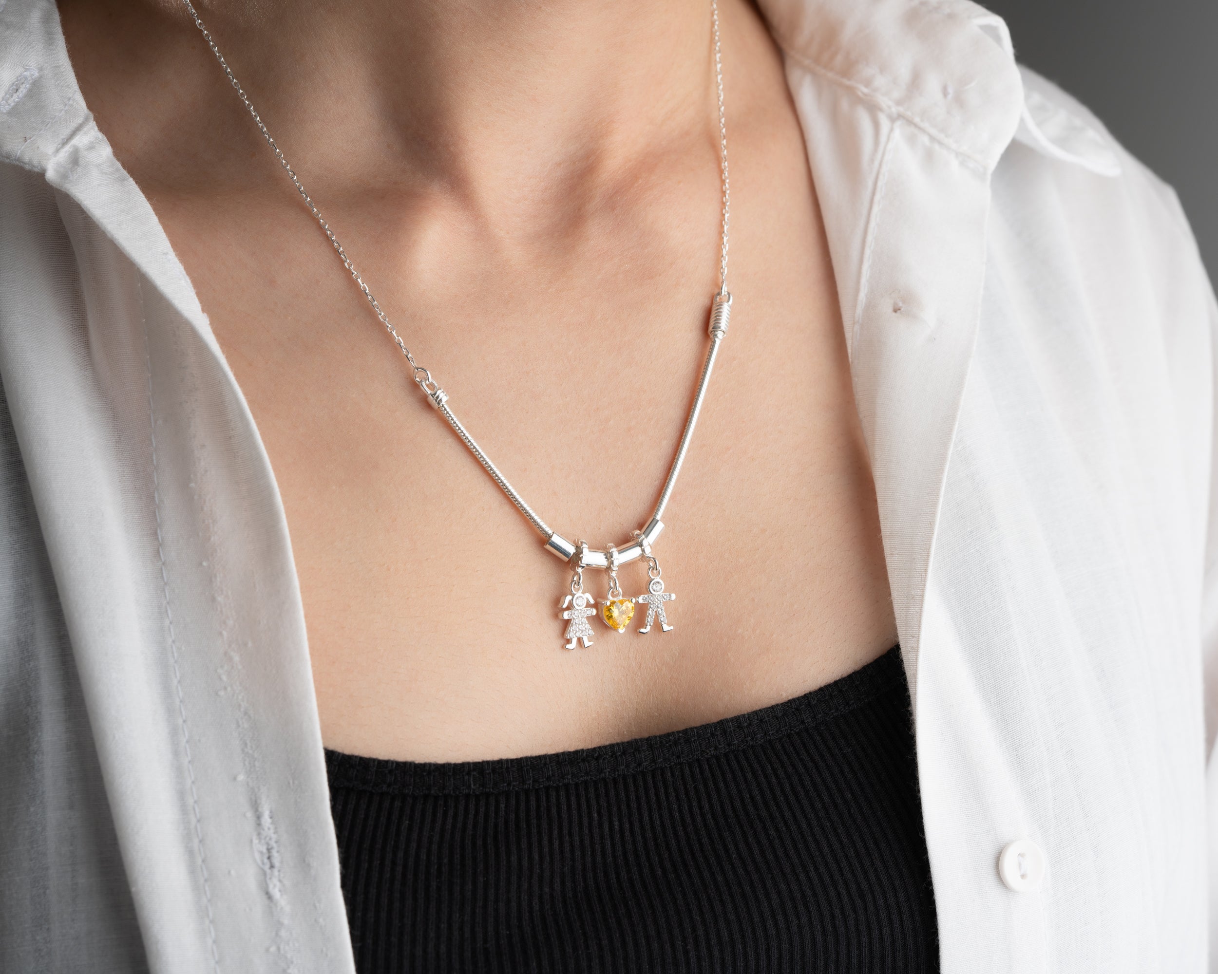 Custom Kids and Birthstone Charm Necklace