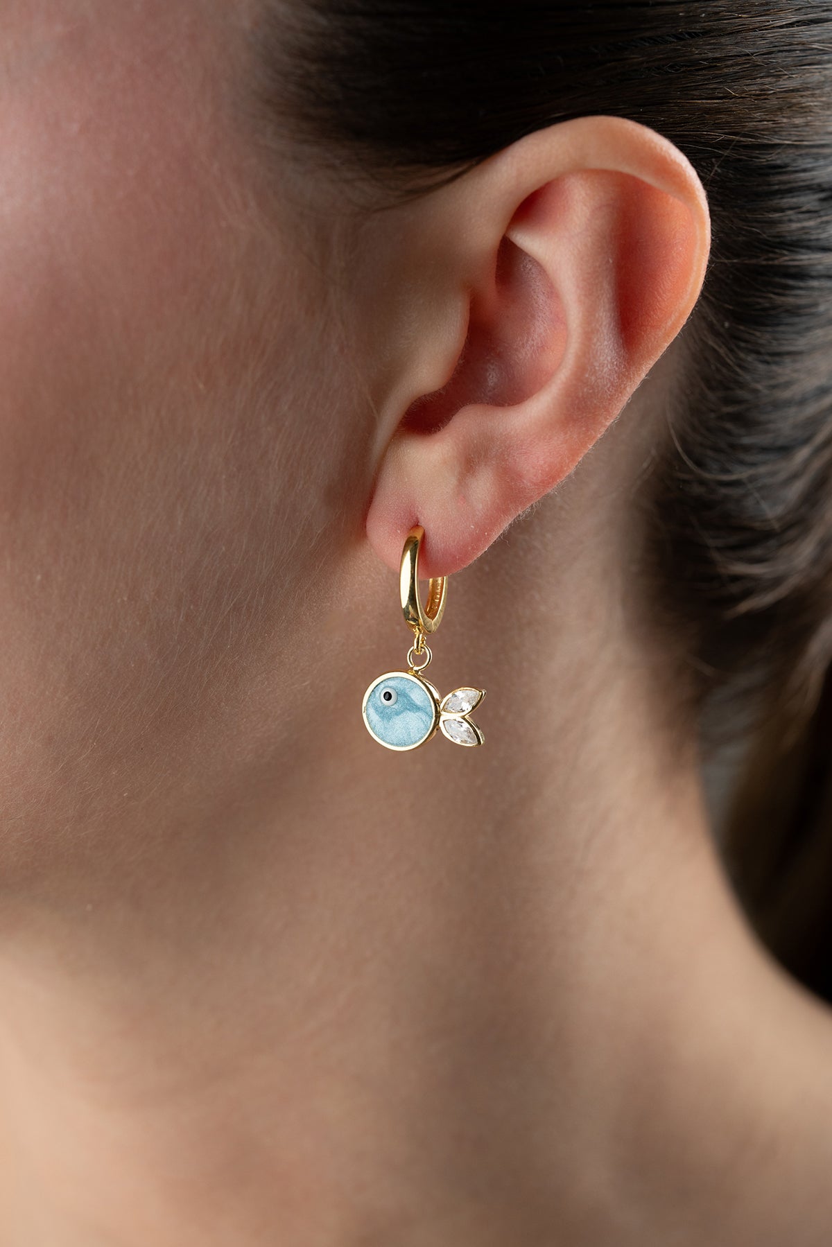 Blue Enamel Fish Charm Hoop Earrings