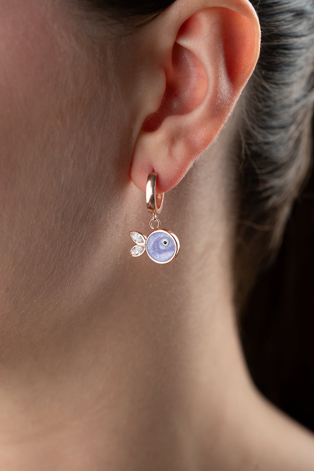 Lilac Fish Evil Eye Huggie Earrings