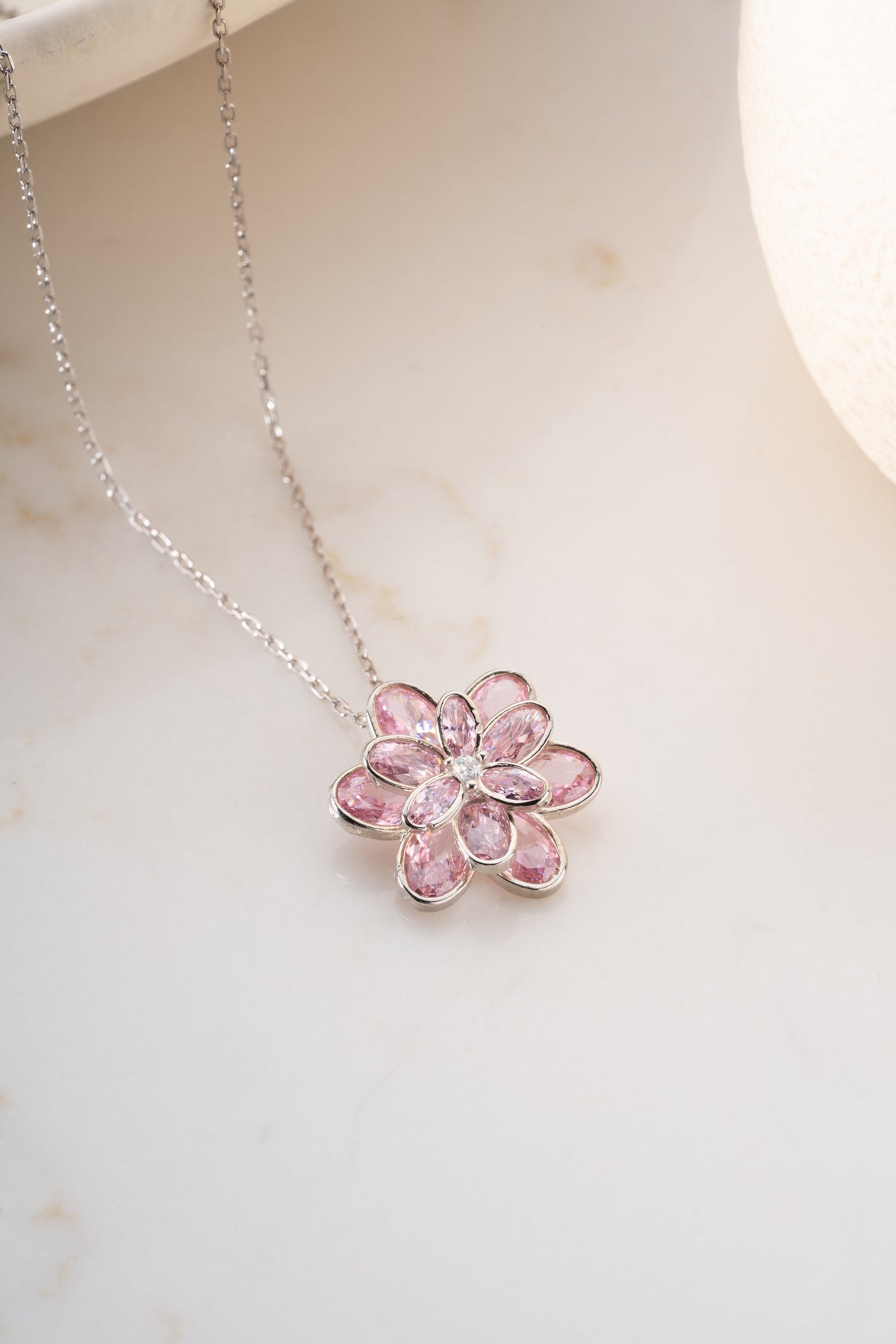 Pink Crystal Flower Pendant Necklace
