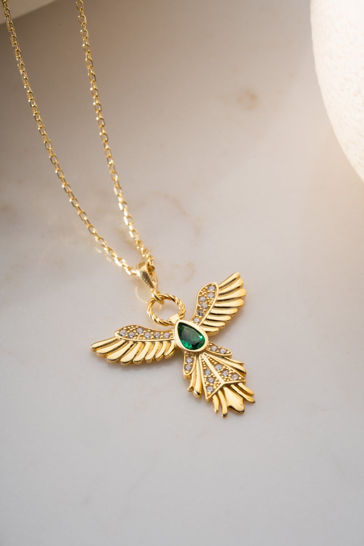 Emerald Phoenix Bird Necklace in Gold