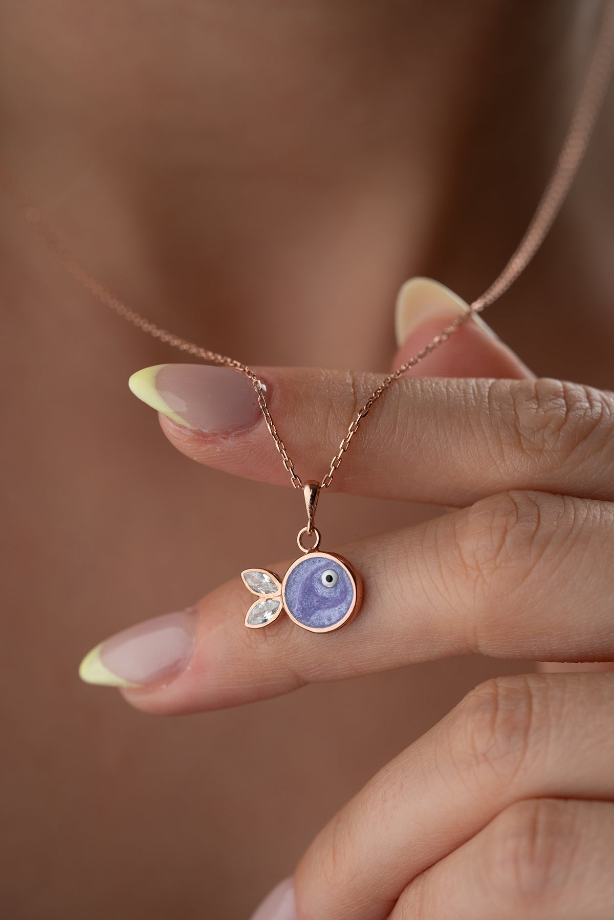 Purple Fish Charm Necklace in Rose Gold