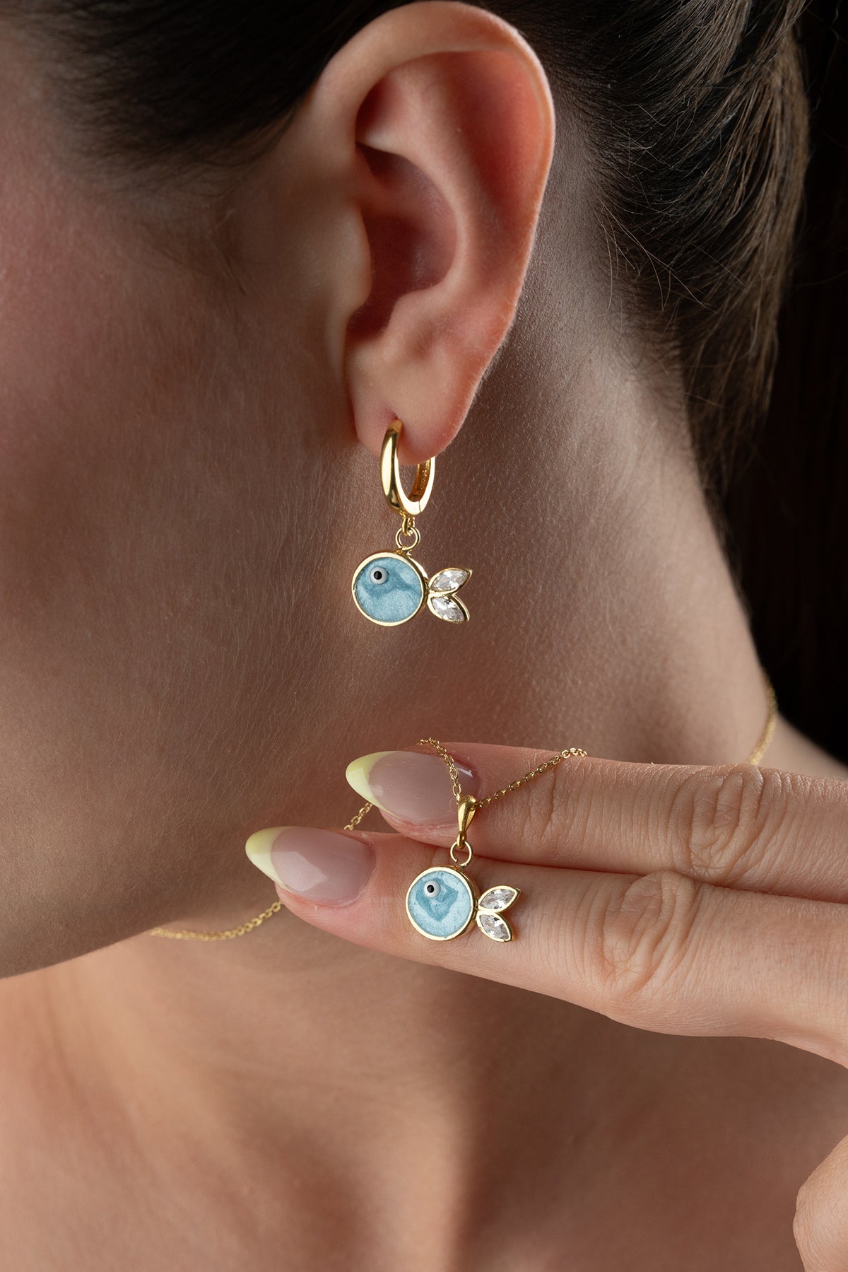 Blue Enamel Fish Charm Necklace and Earring Set