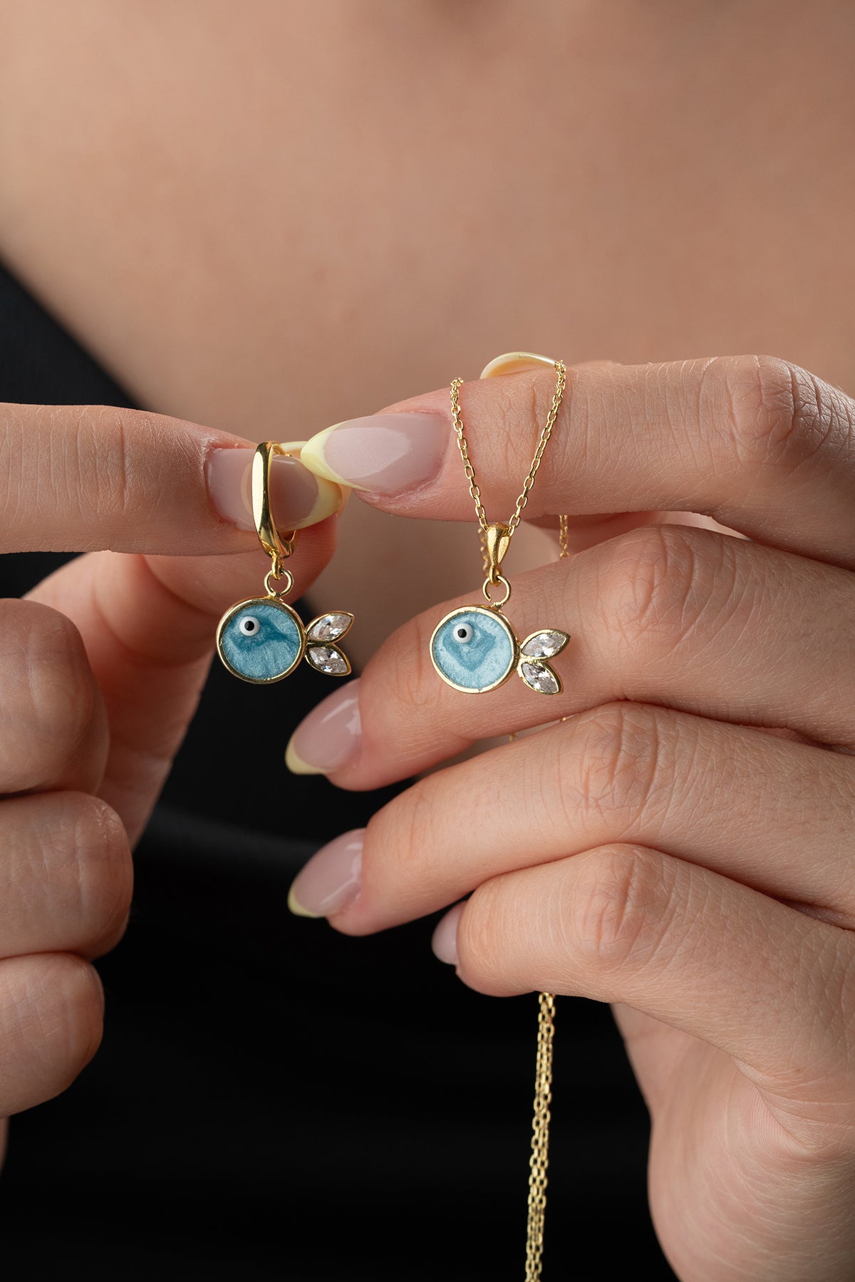 Blue Enamel Fish Charm Necklace and Earring Set