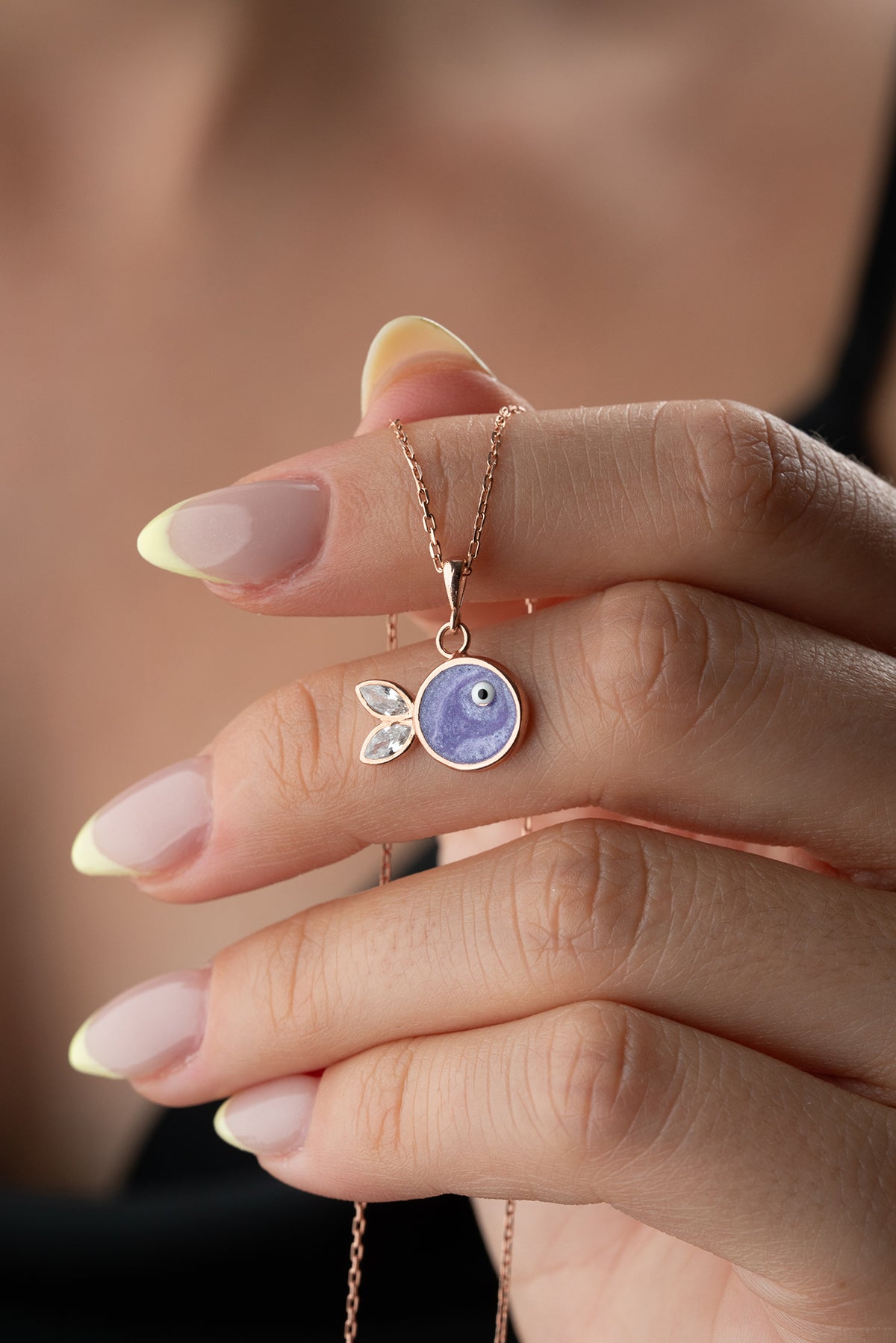 Purple Fish Charm Necklace in Rose Gold