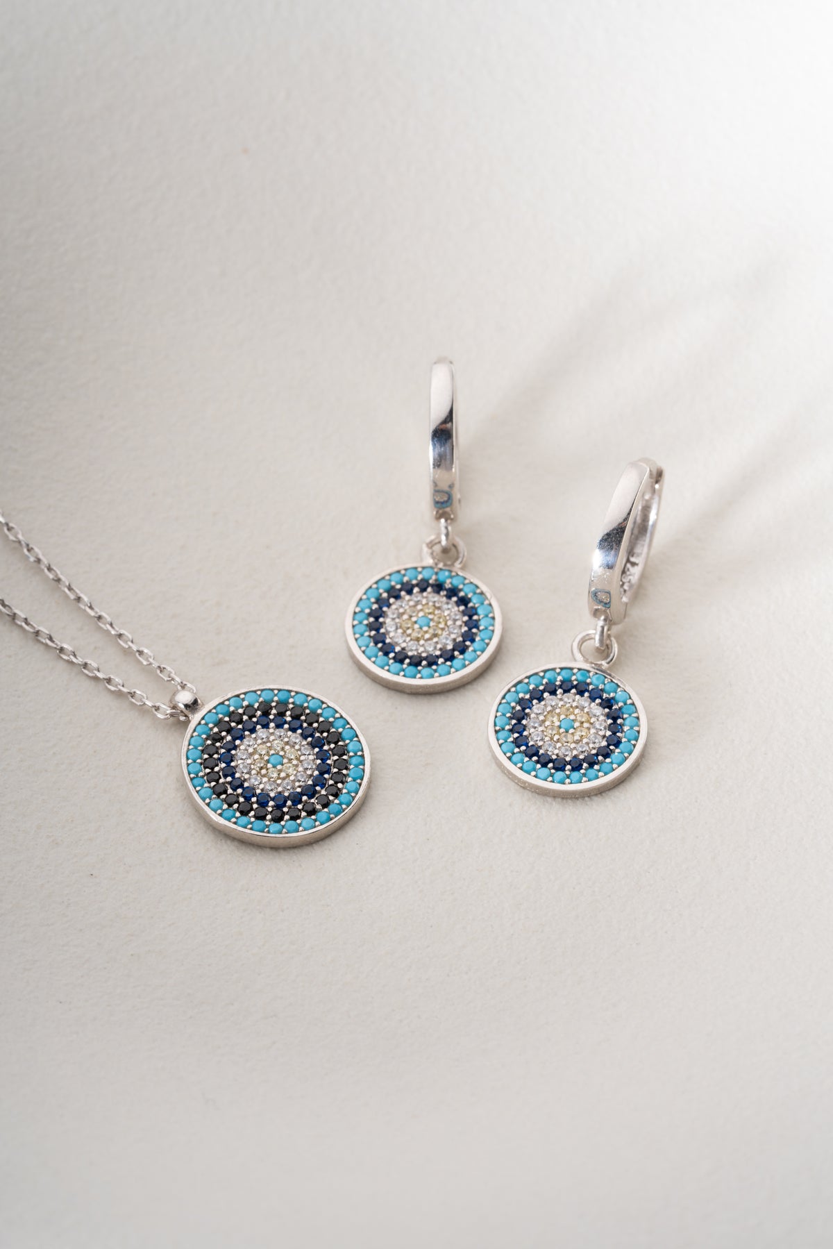 Pave Evil Eye Disc Necklace and Earring Set