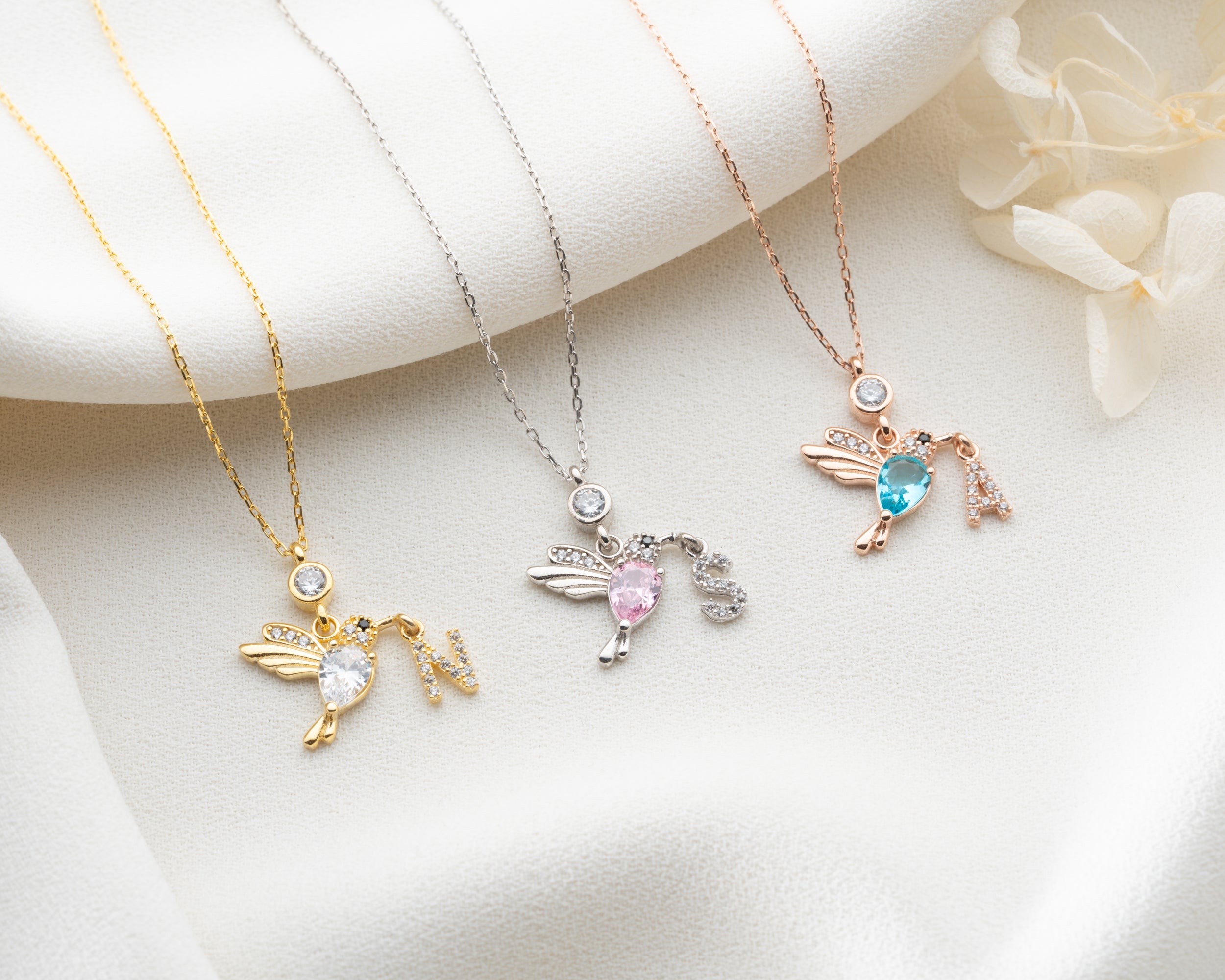 Custom Hummingbird Initial Birthstone Necklace