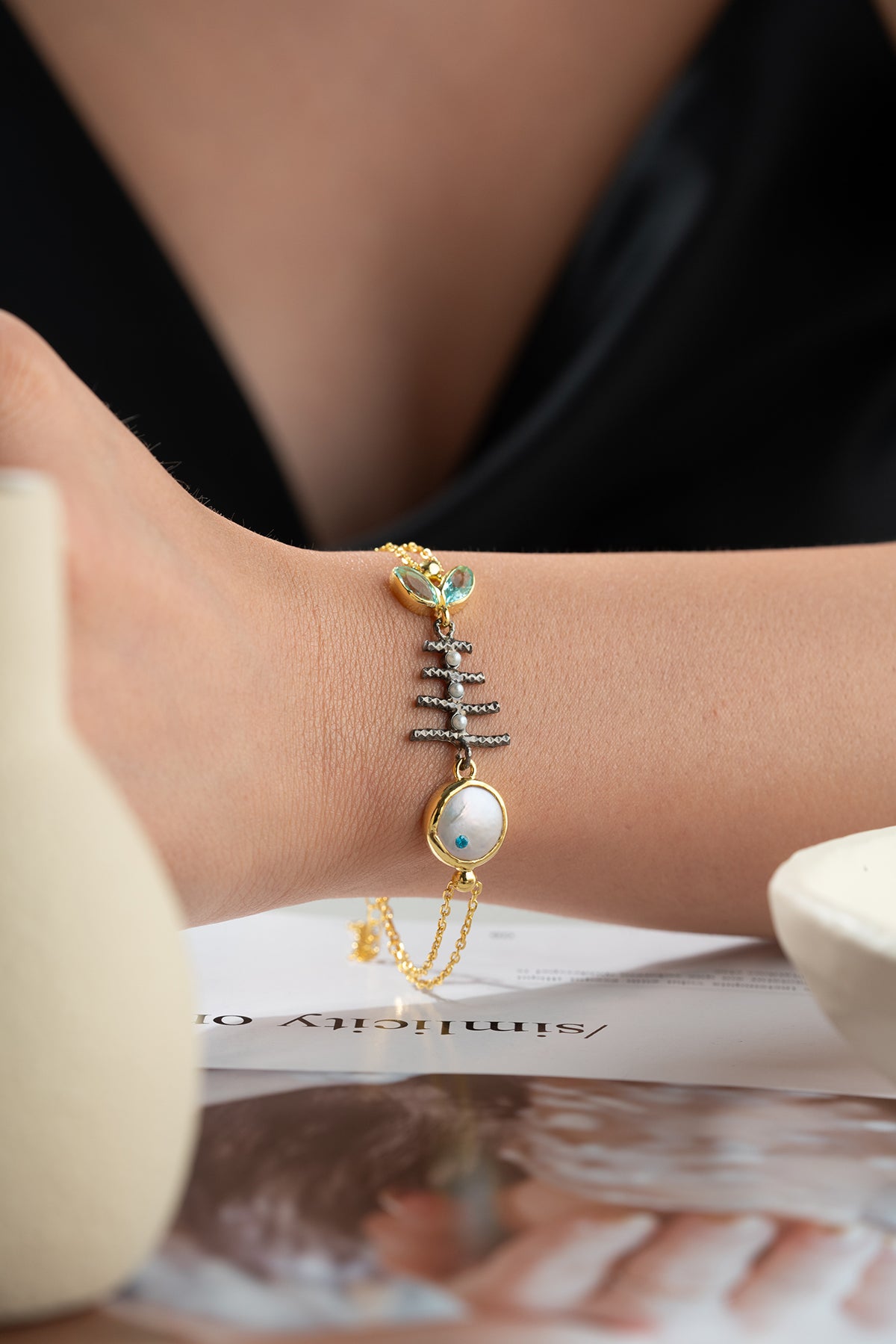 Fish Bone Pearl Charm Bracelet in Gold