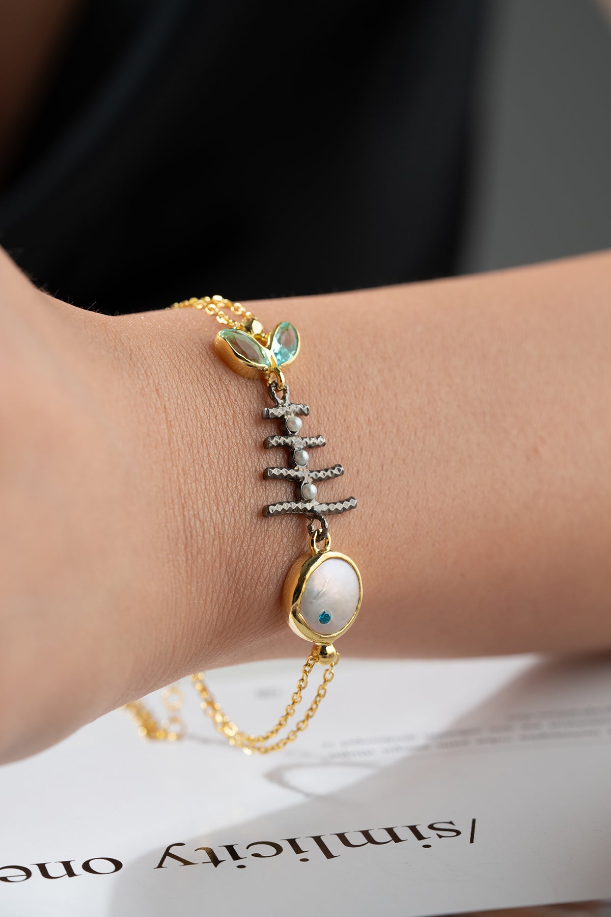 Fish Bone Pearl Charm Bracelet in Gold