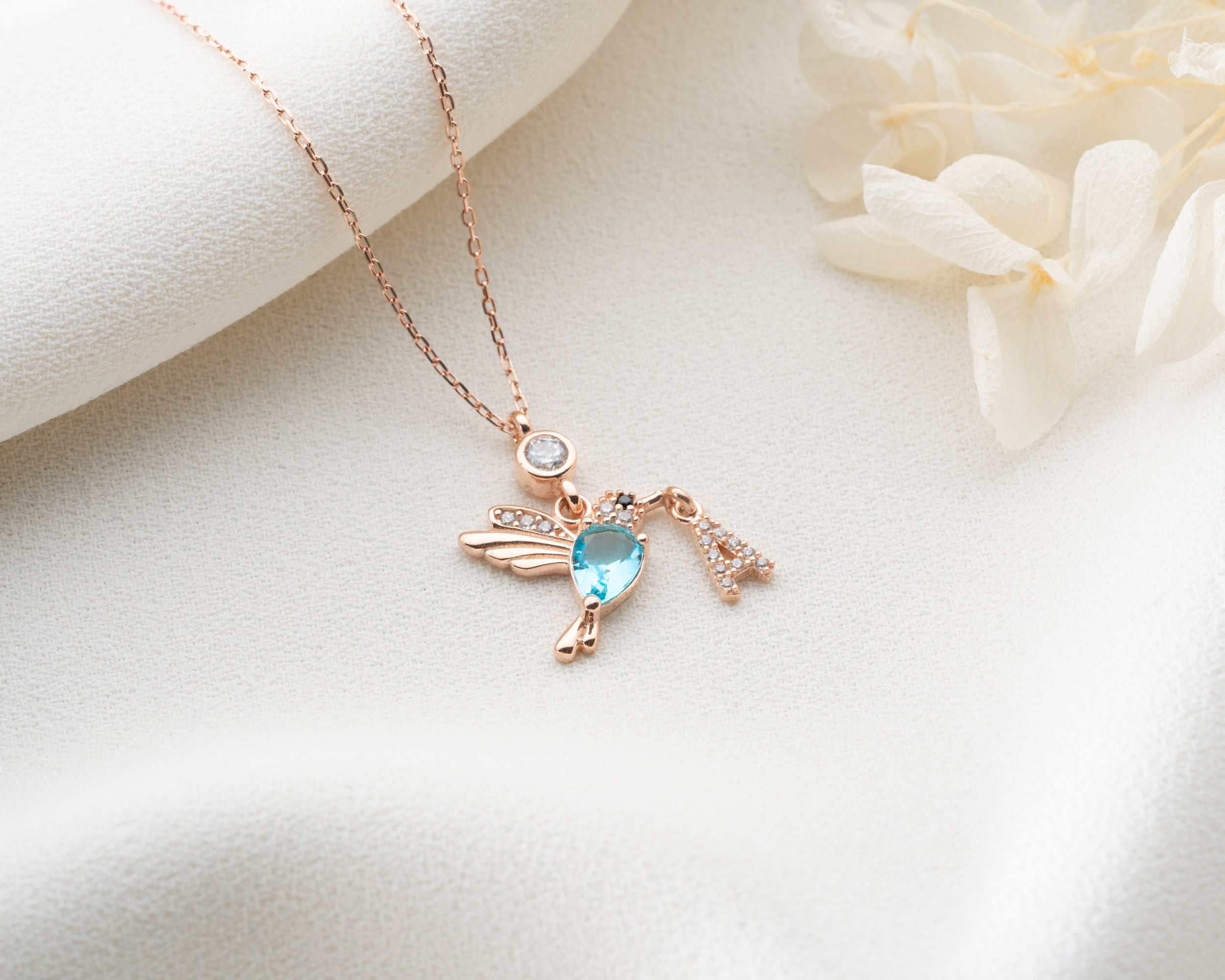 Custom Hummingbird Initial Birthstone Necklace