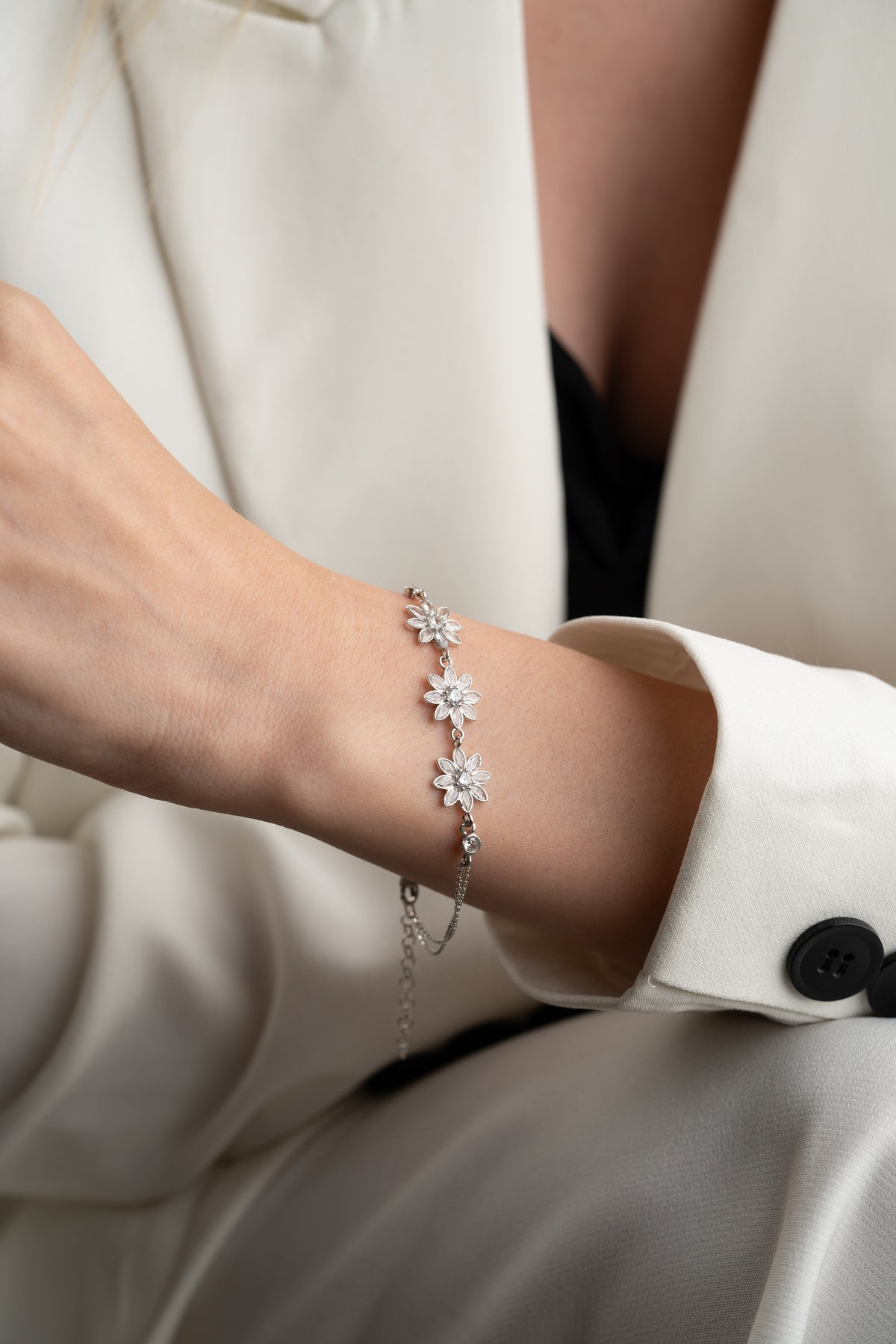 Triple Flower Crystal Bracelet in Silver