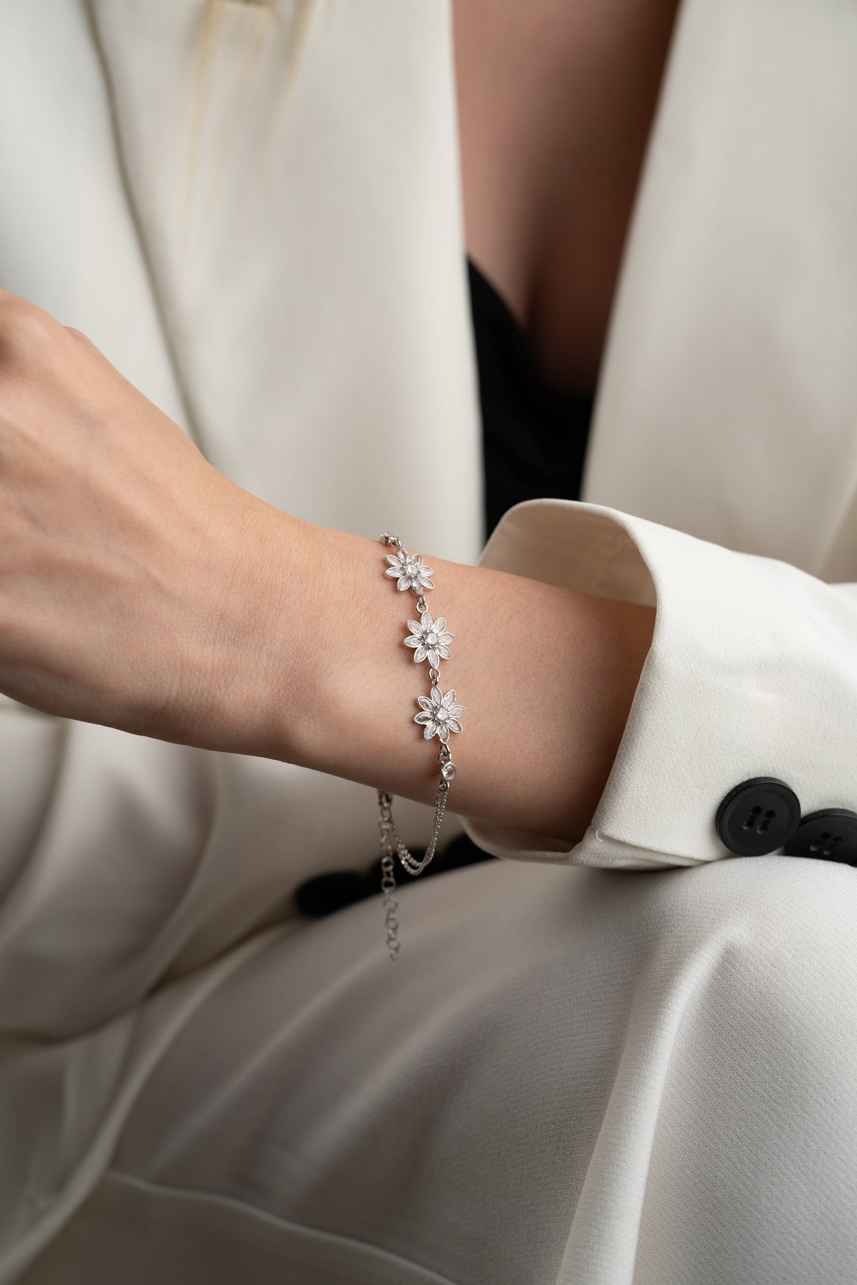 Triple Flower Crystal Bracelet in Silver