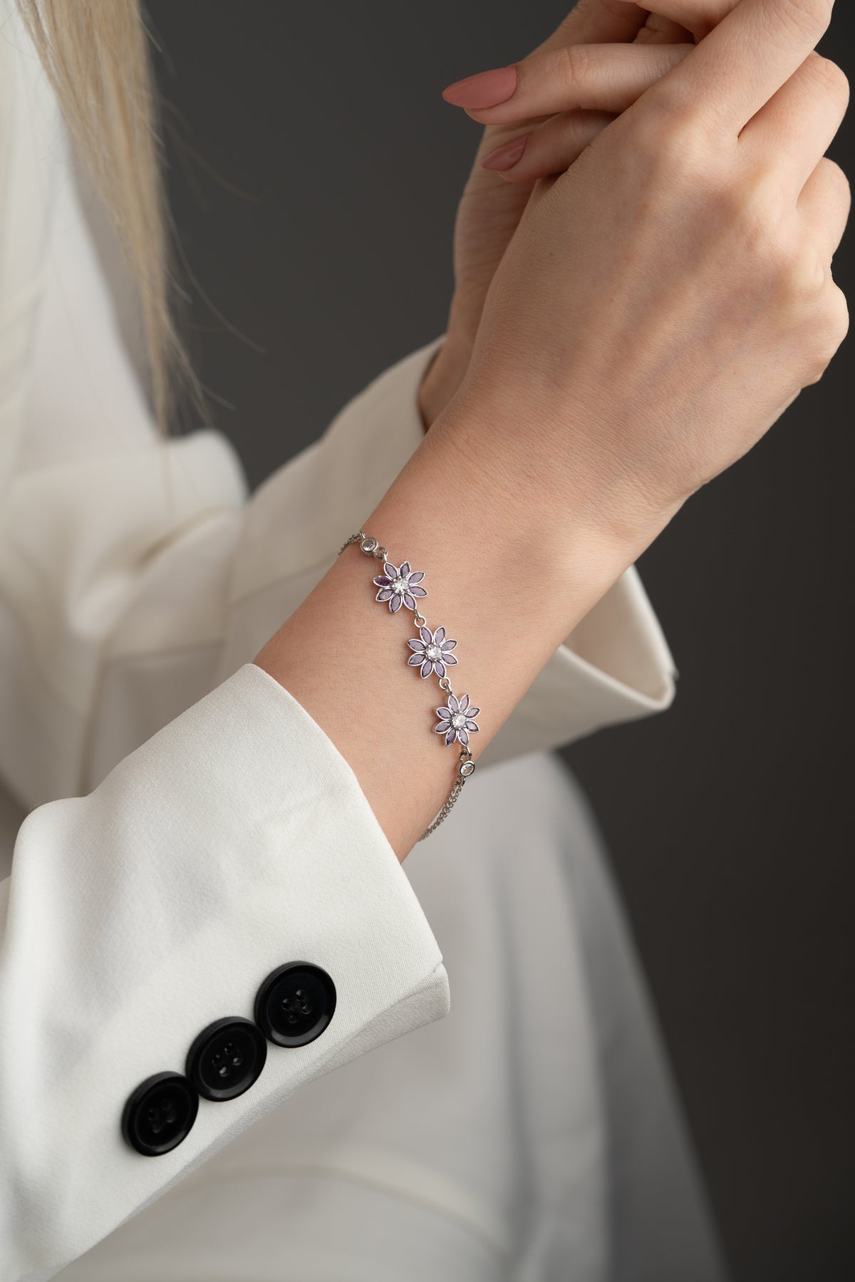 Amethyst Flower Trio Bracelet in Silver