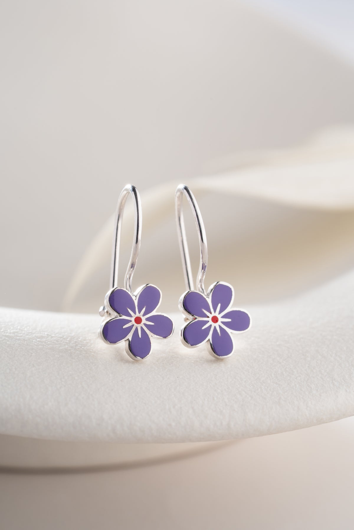 Purple Enamel Flower Drop Earrings