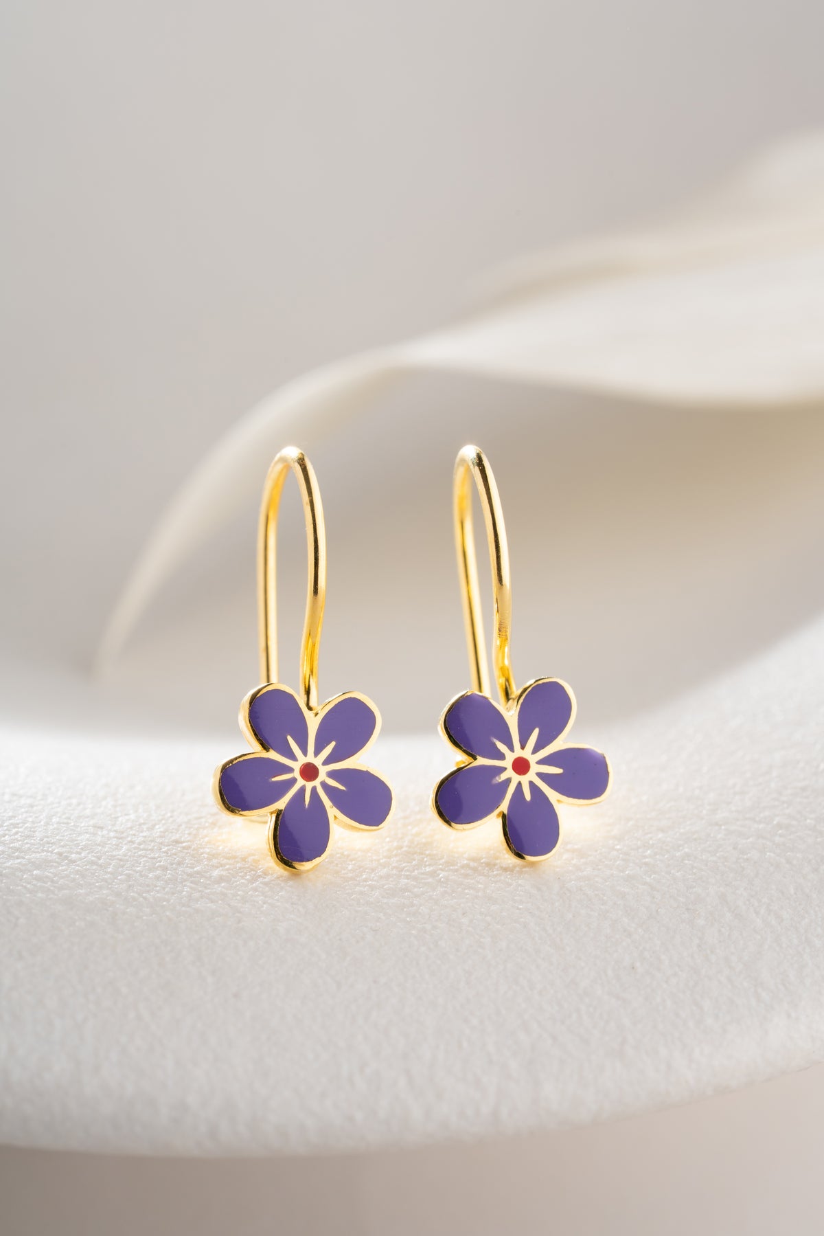 Purple Enamel Flower Drop Earrings