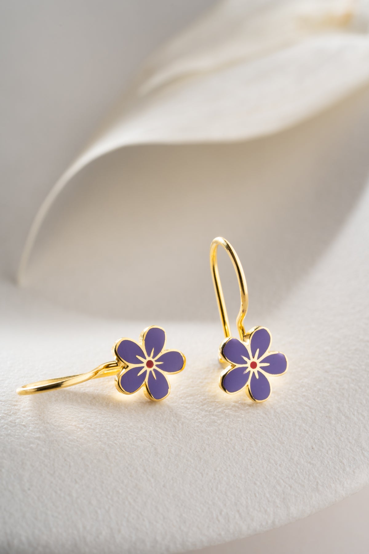 Purple Enamel Flower Drop Earrings